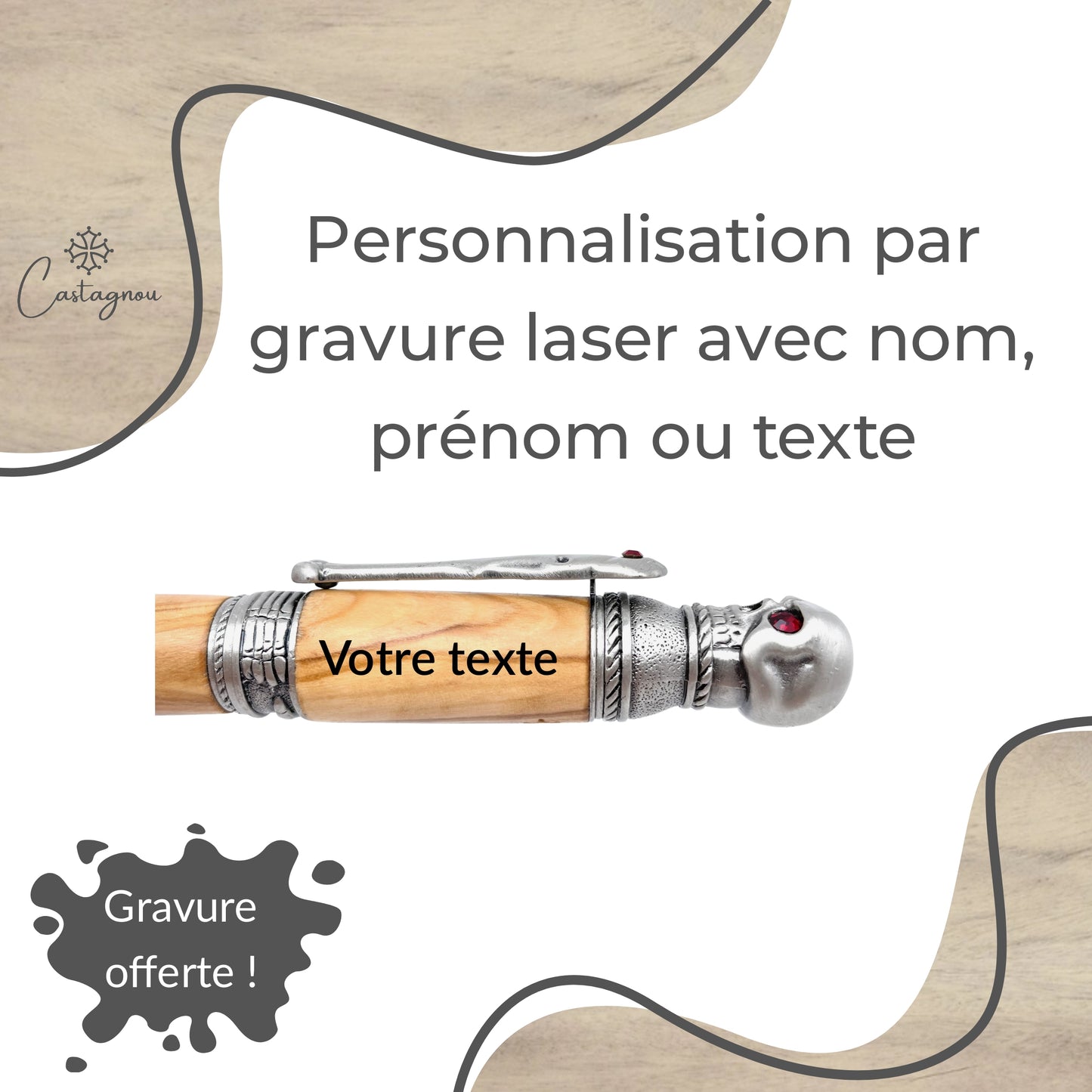 STYLO EN BOIS D'OLIVIER - MODELE BIG SKULL