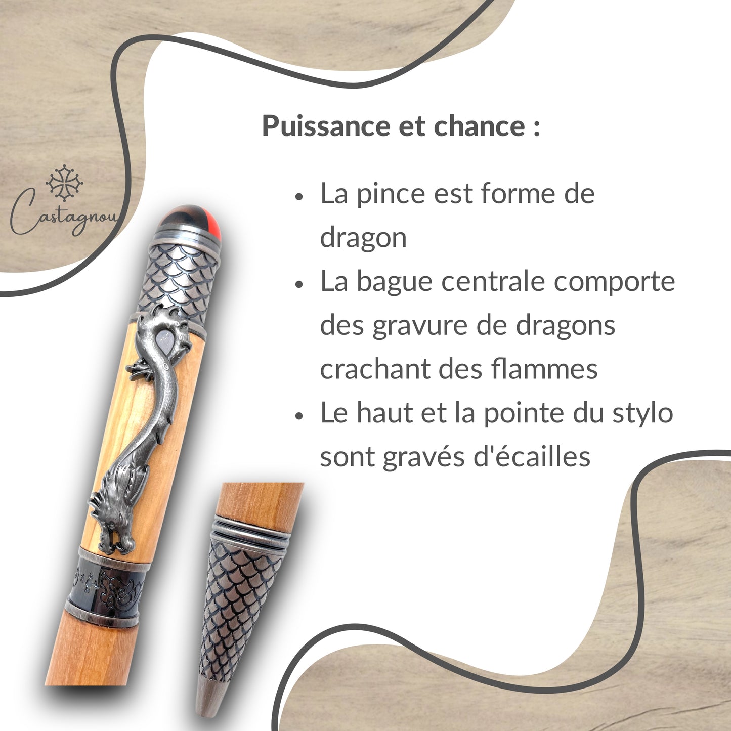 STYLO EN BOIS D'OLIVIER - MODELE DRAGON