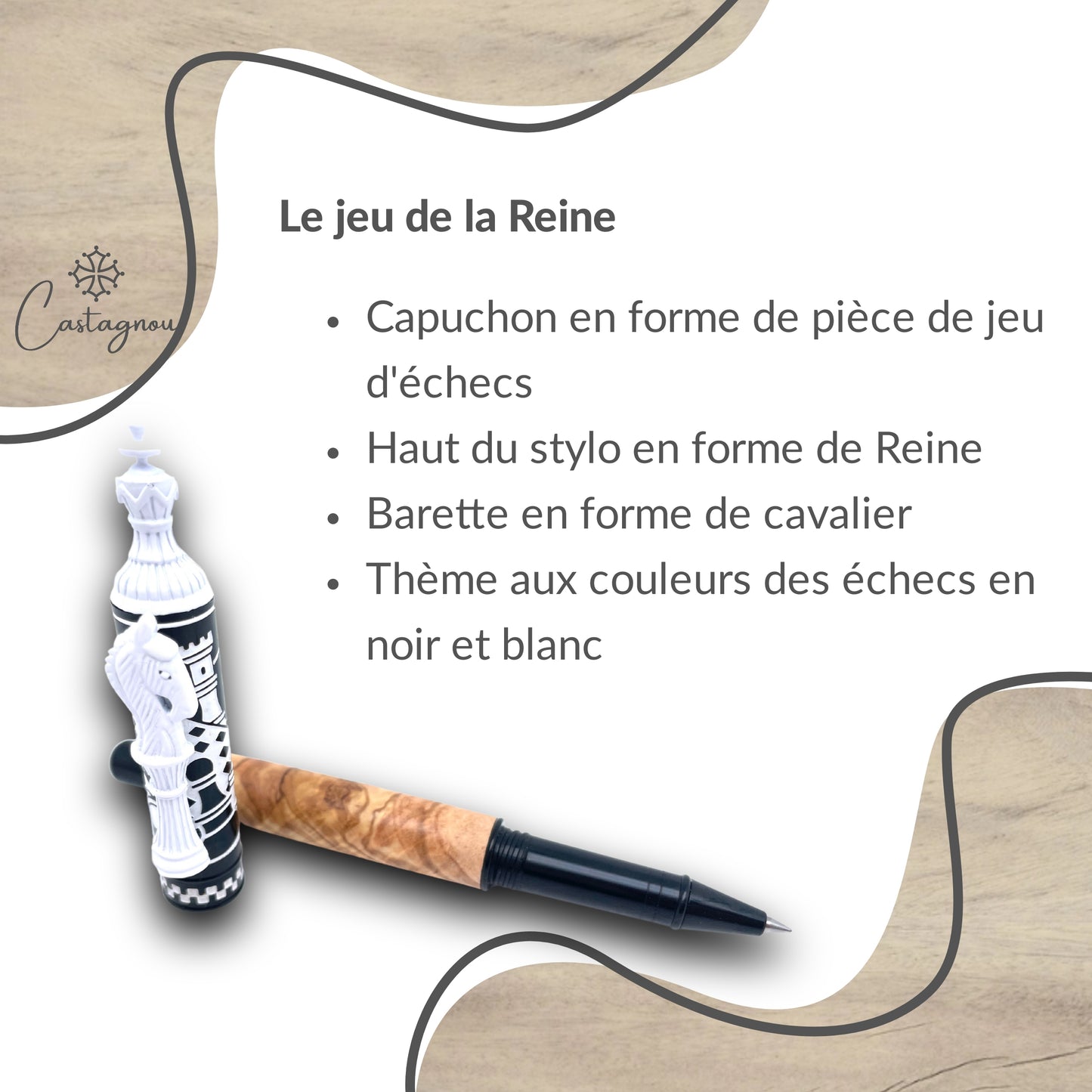 STYLO EN BOIS D'OLIVIER - MODELE ECHECS