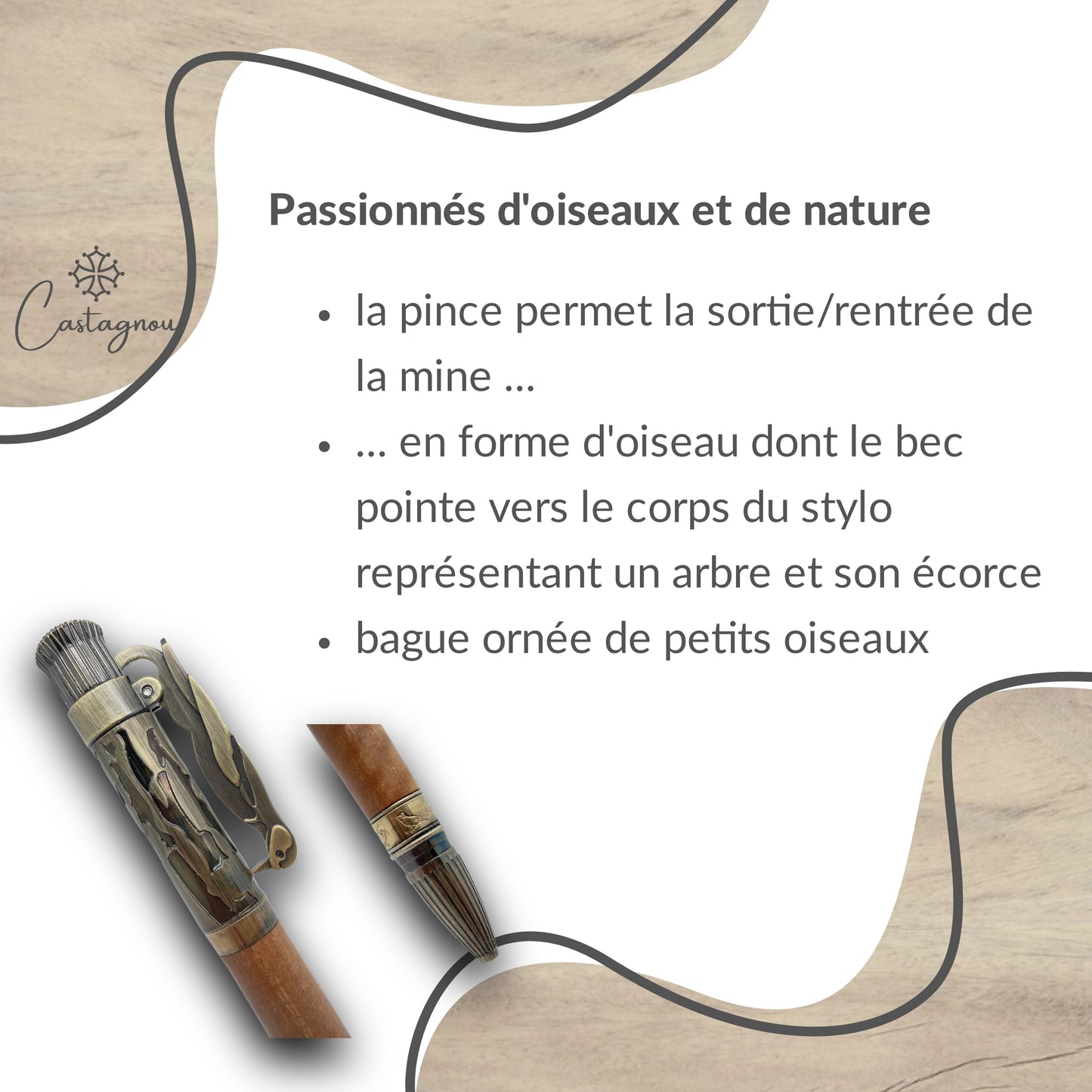 STYLO EN BOIS D'OLIVIER - MODELE OISEAU