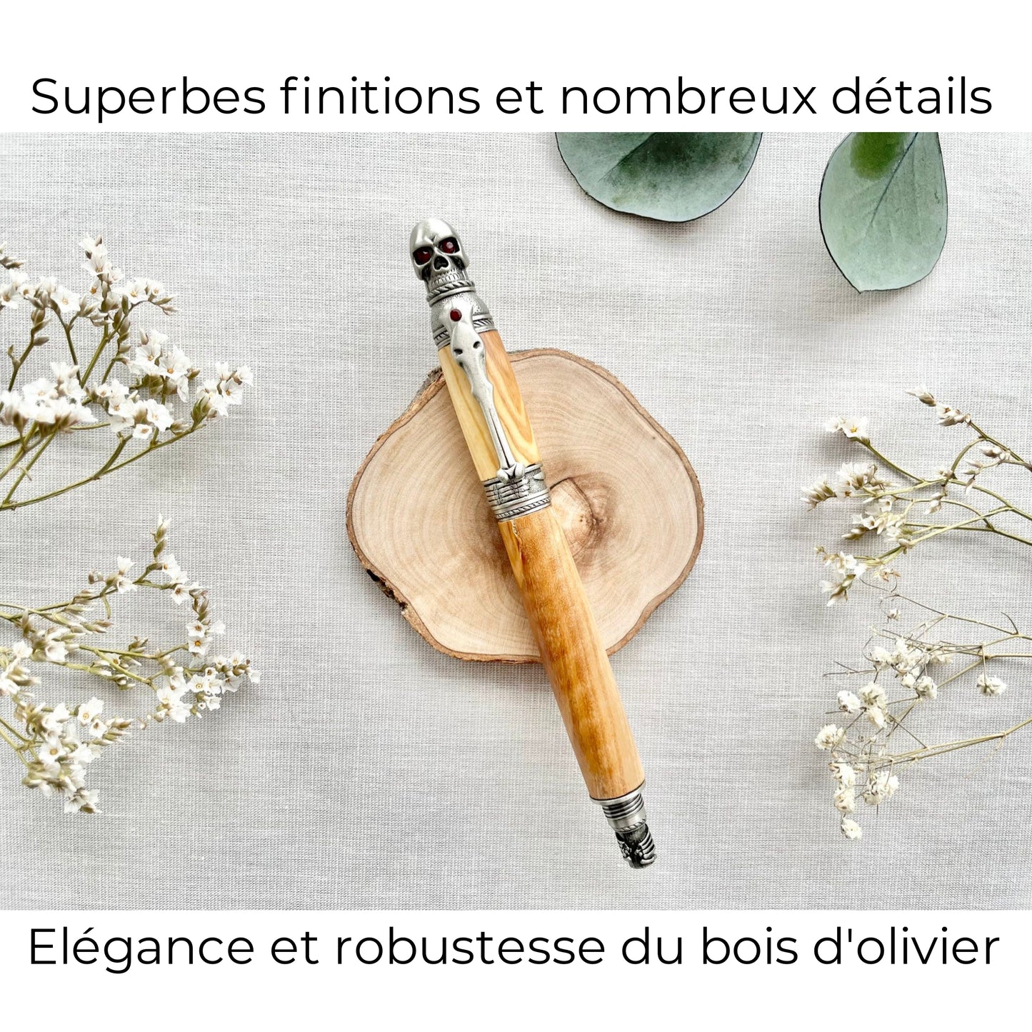 STYLO EN BOIS D'OLIVIER - MODELE BIG SKULL