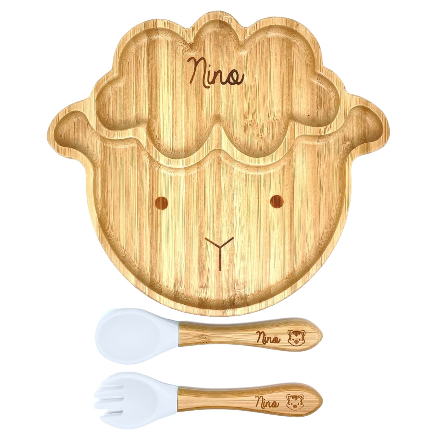 ASSIETTE ET COUVERTS BAMBOU PERSONNALISÉ - MOUTON