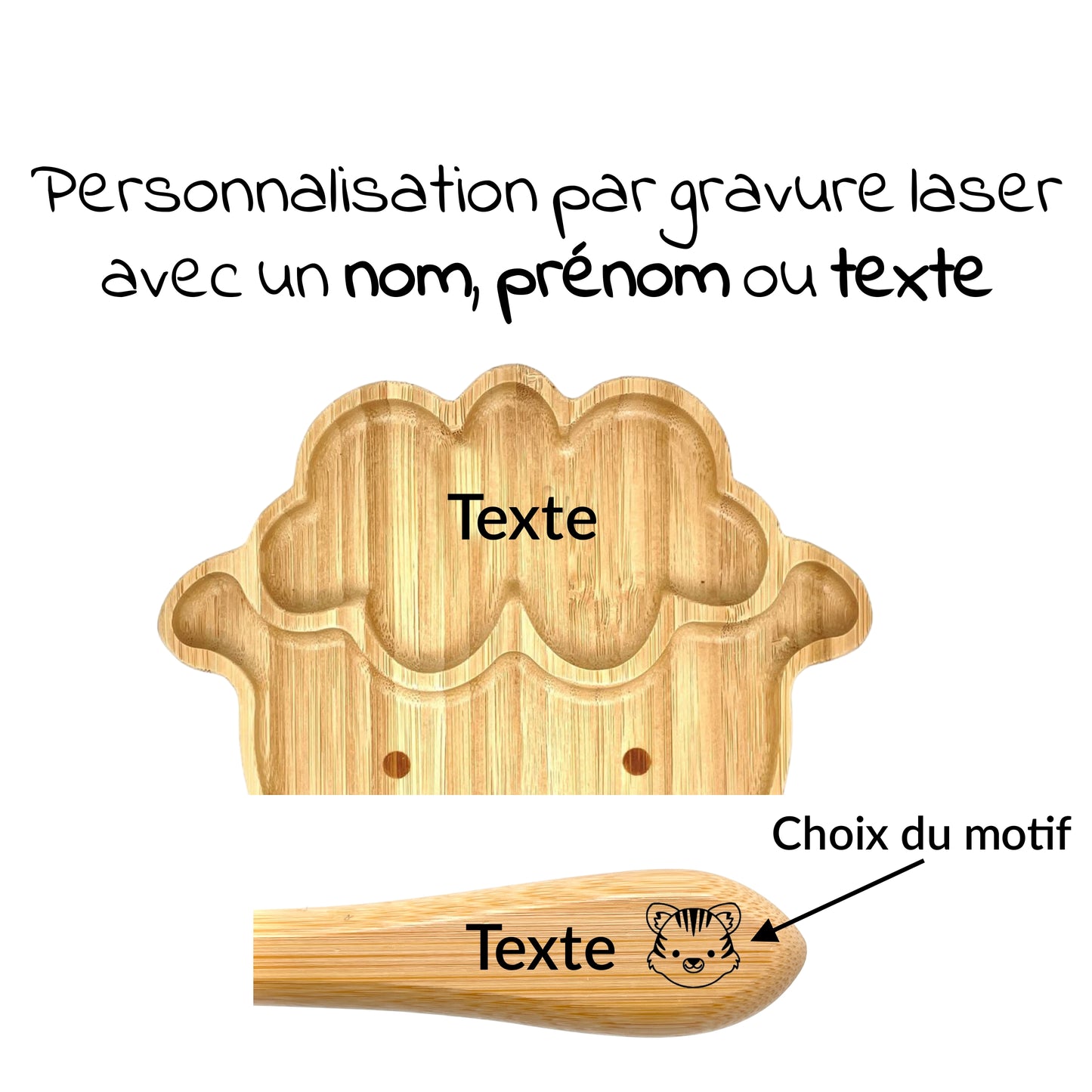 ASSIETTE ET COUVERTS BAMBOU PERSONNALISÉ - MOUTON