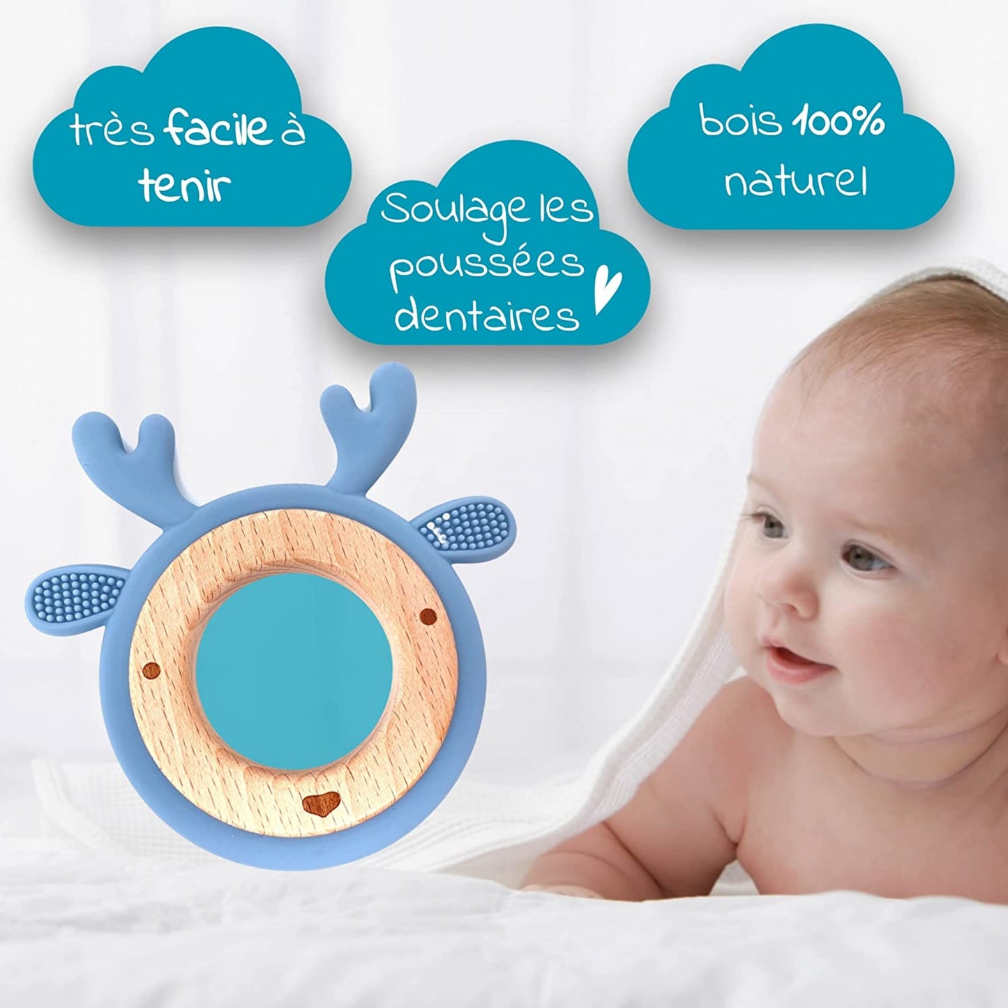 ANNEAU DE DENTITION BOIS ET SILICONE - PERSONNALISABLE - RENNE