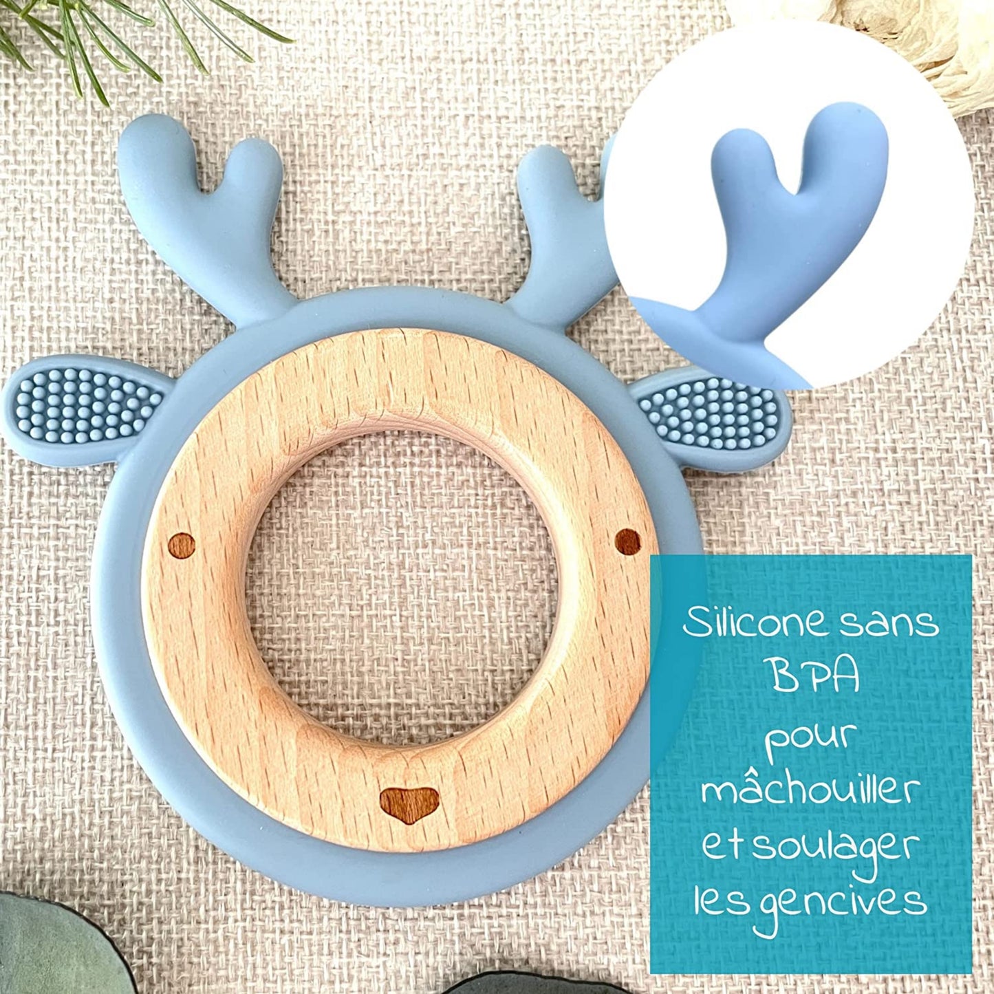 ANNEAU DE DENTITION BOIS ET SILICONE - PERSONNALISABLE - RENNE
