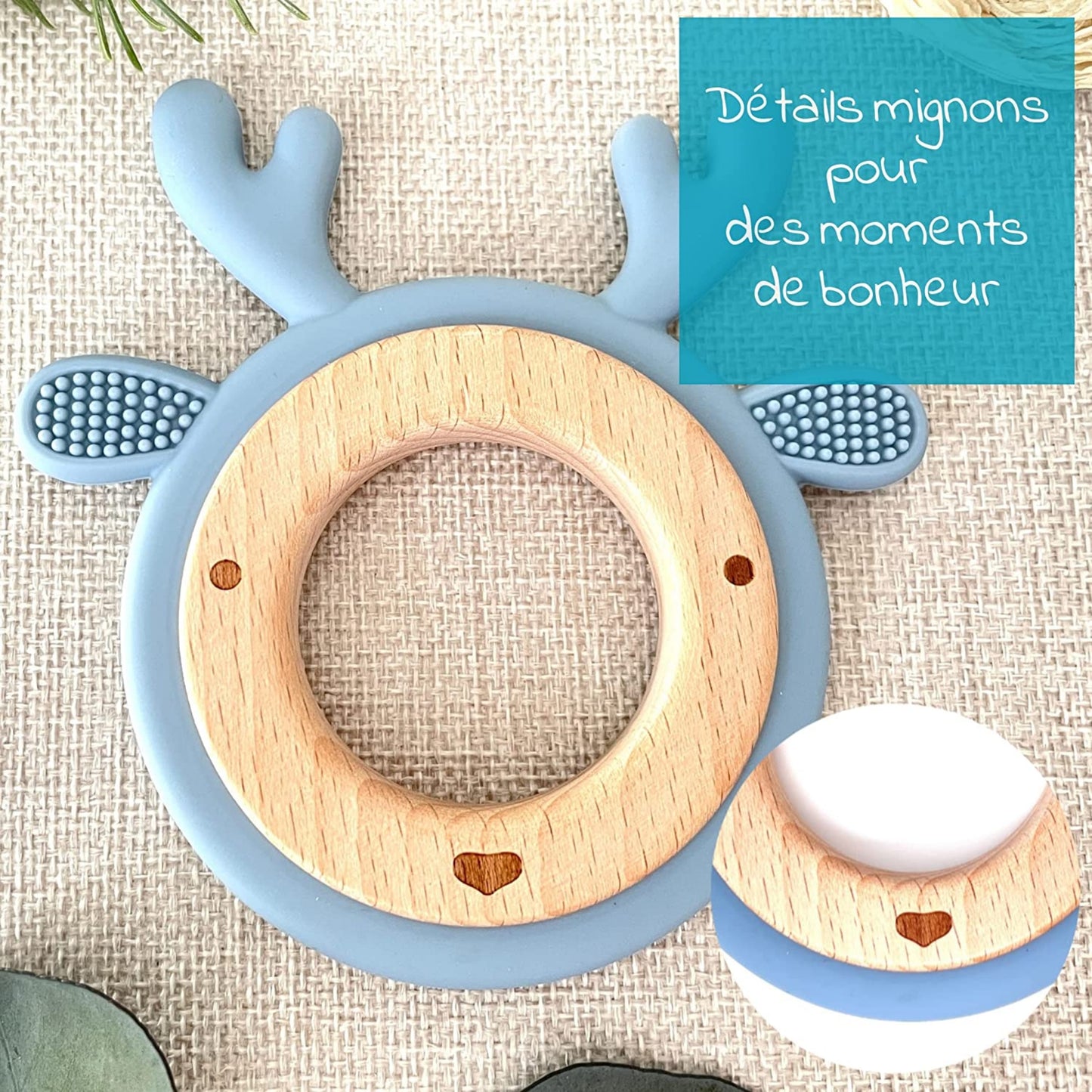 ANNEAU DE DENTITION BOIS ET SILICONE - PERSONNALISABLE - RENNE