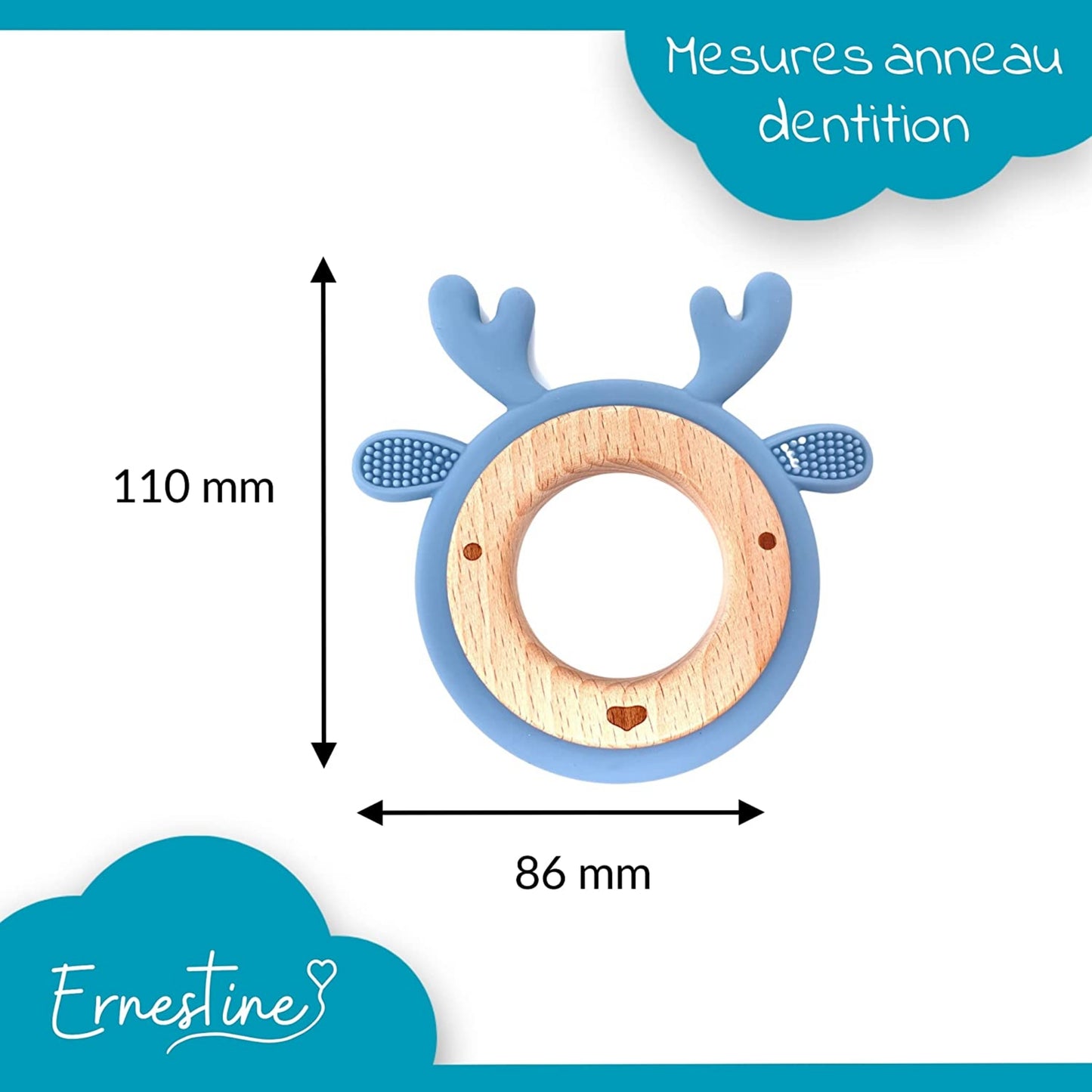 ANNEAU DE DENTITION BOIS ET SILICONE - PERSONNALISABLE - RENNE