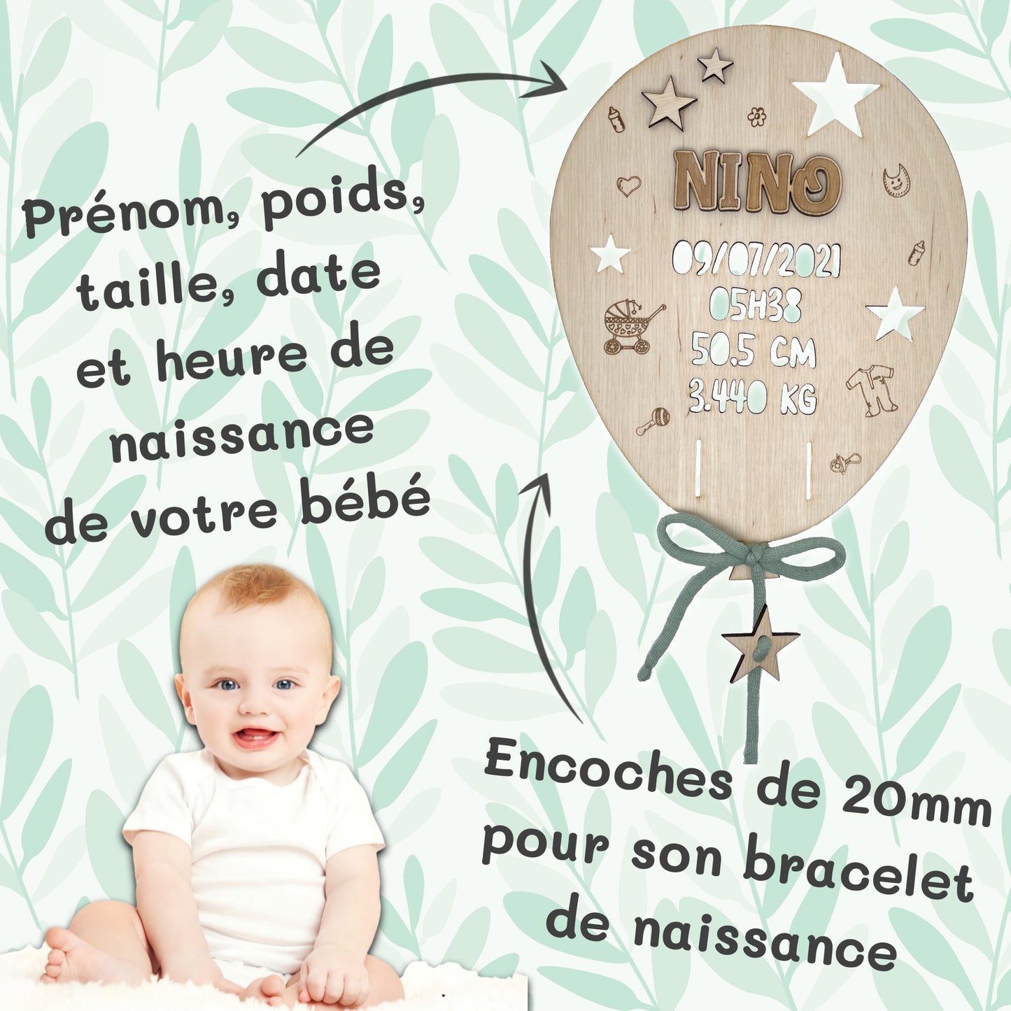 BALLON DE NAISSANCE EN BOIS - PERSONNALISABLE