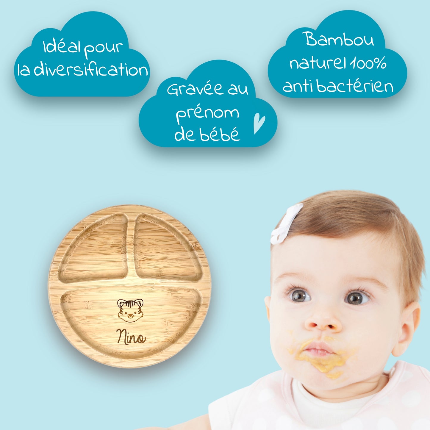 ASSIETTE ET COUVERTS BAMBOU PERSONNALISÉ - RONDE