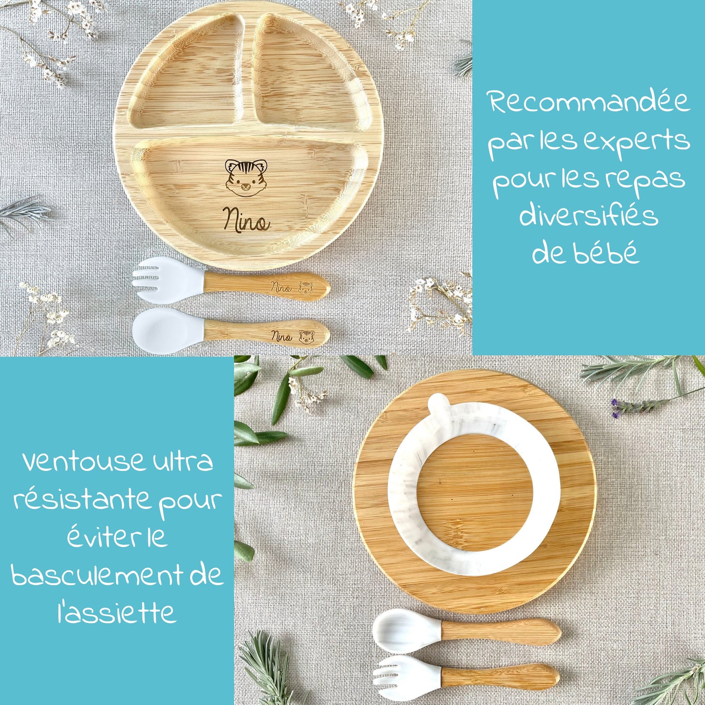 ASSIETTE ET COUVERTS BAMBOU PERSONNALISÉ - RONDE