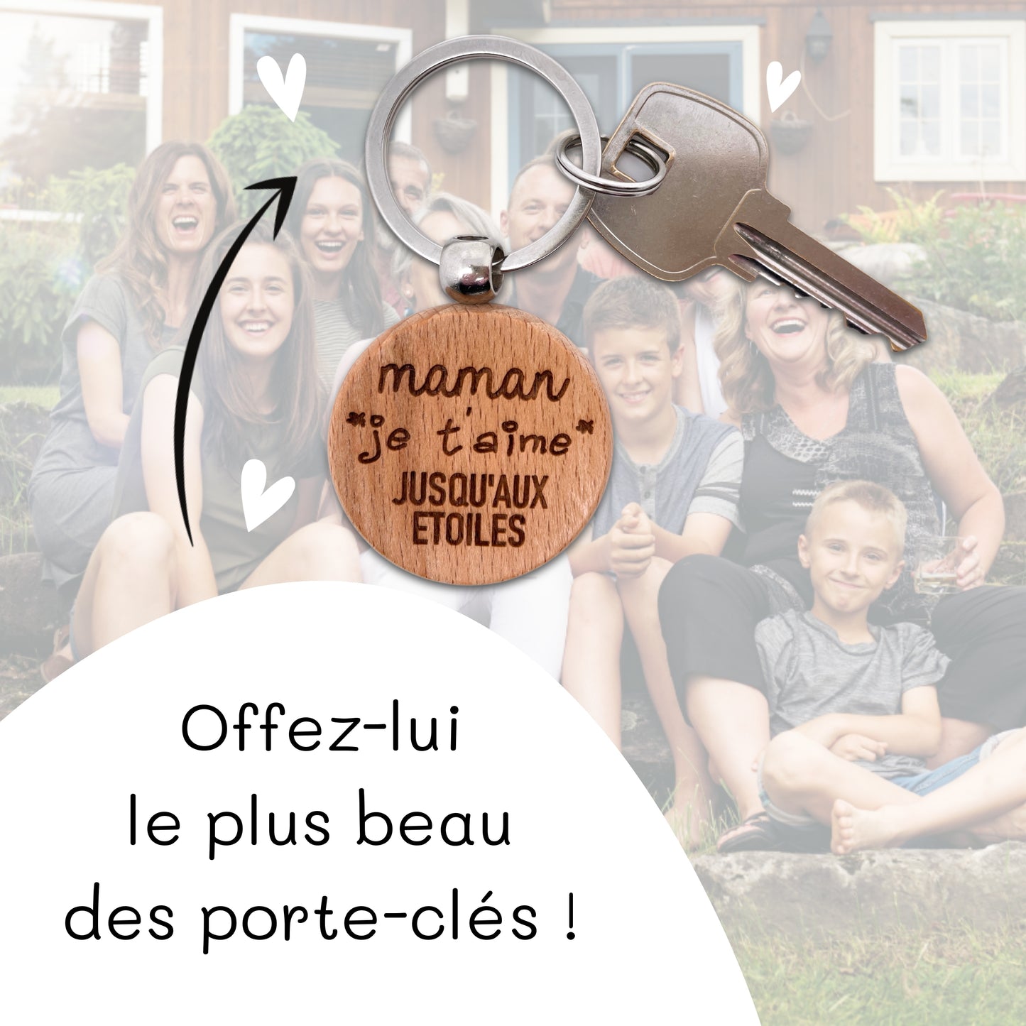 PORTE-CLEFS ROND EN BOIS - MAMAN - JE T'AIME JUSQU’AUX ETOILES
