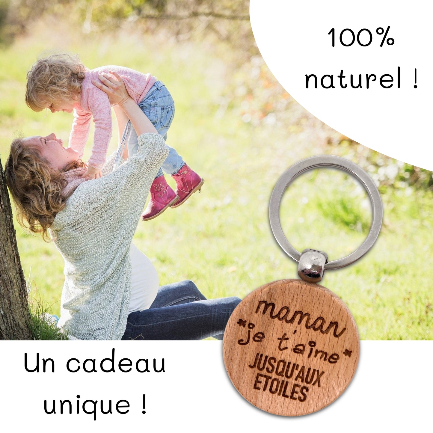 PORTE-CLEFS ROND EN BOIS - MAMAN - JE T'AIME JUSQU’AUX ETOILES