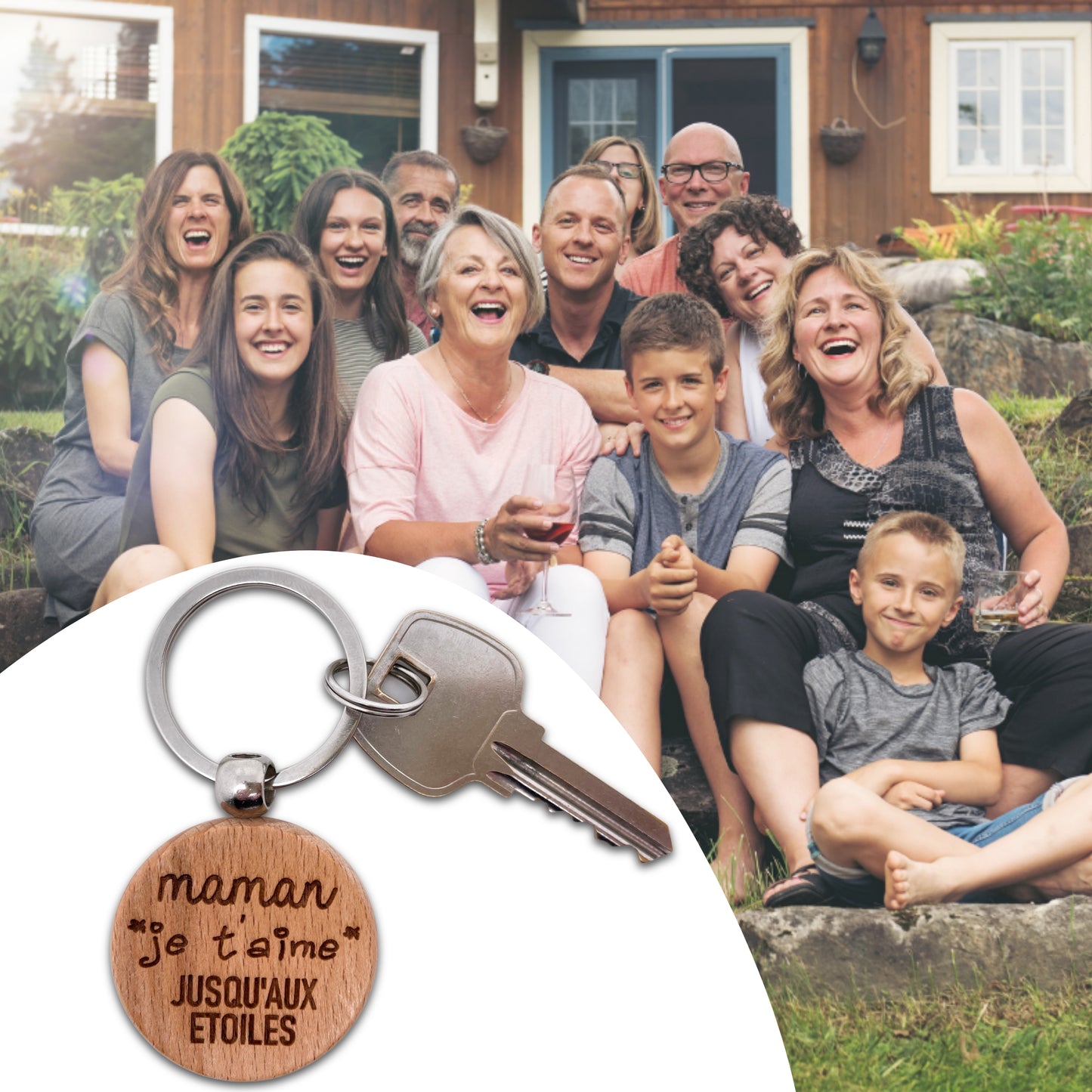 PORTE-CLEFS ROND EN BOIS - MAMAN - JE T'AIME JUSQU’AUX ETOILES