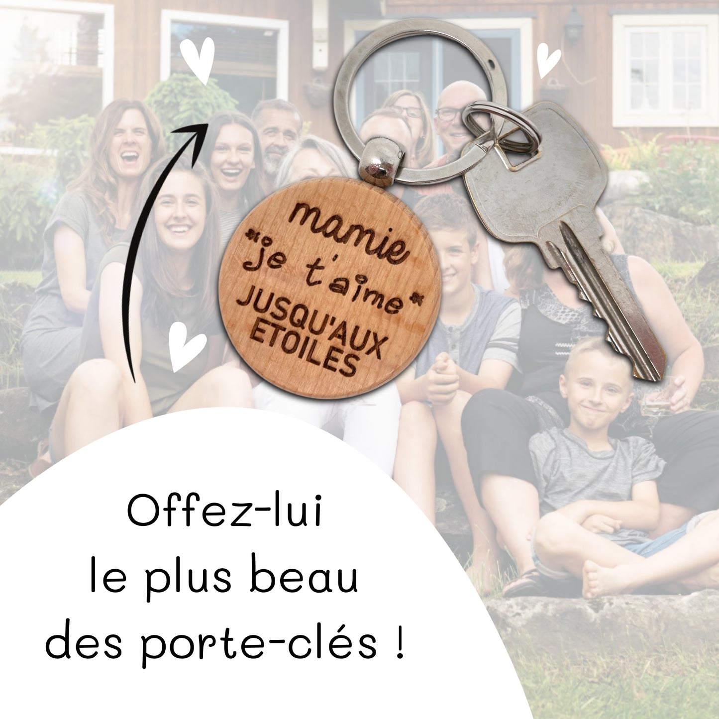 PORTE-CLEFS ROND EN BOIS - MAMIE - JE T'AIME JUSQU’AUX ETOILES