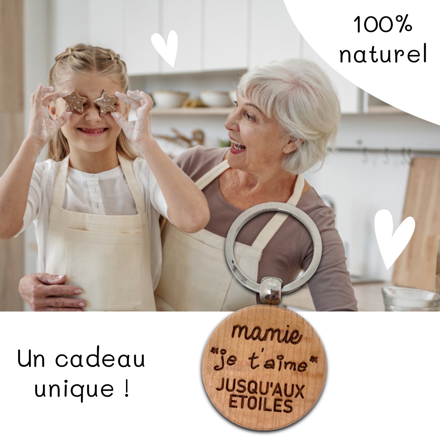 PORTE-CLEFS ROND EN BOIS - MAMIE - JE T'AIME JUSQU’AUX ETOILES