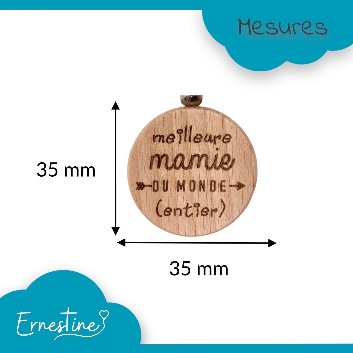 PORTE-CLEFS ROND EN BOIS - MAMIE - MEILLEURE DU MONDE ENTIER