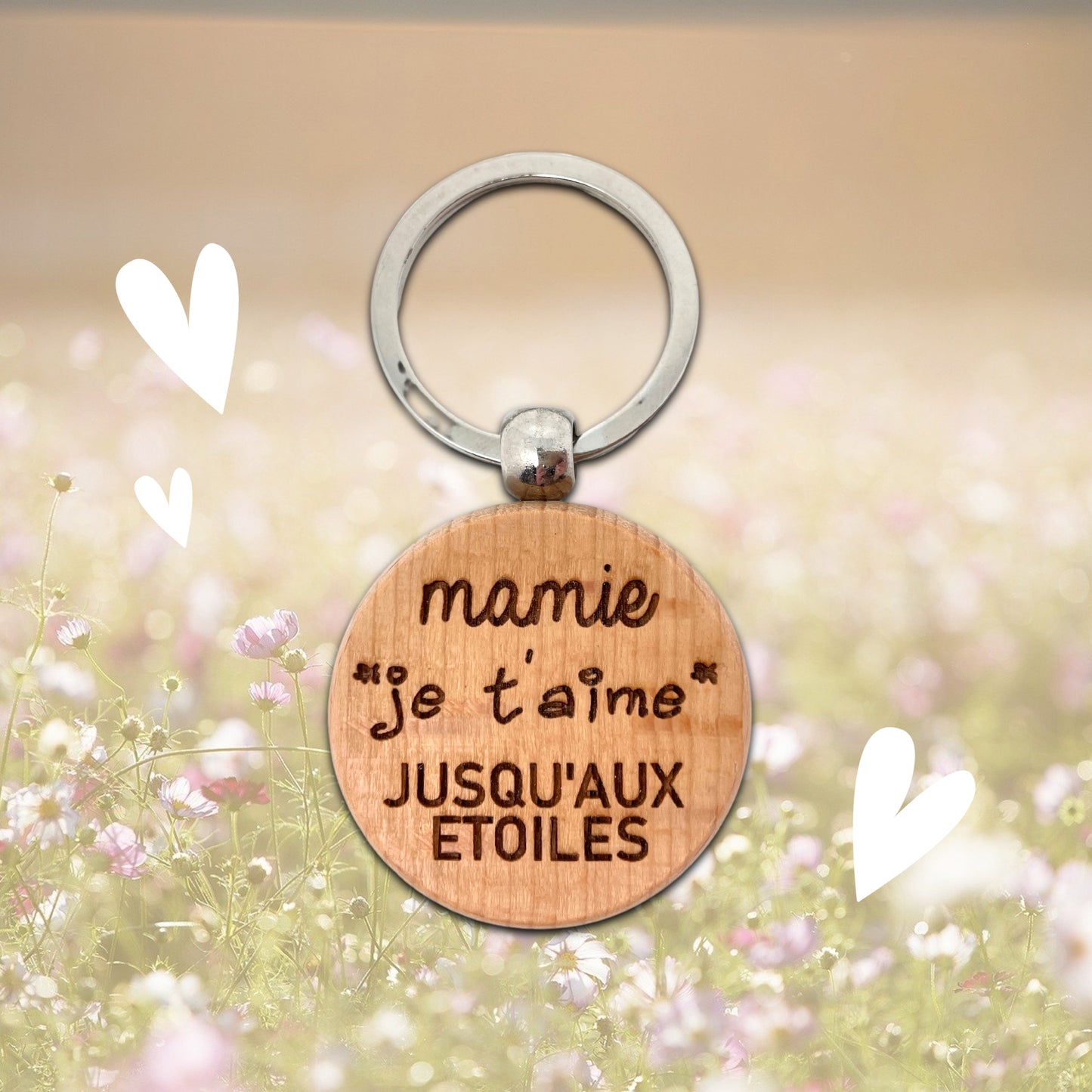 PORTE-CLEFS ROND EN BOIS - MAMIE - JE T'AIME JUSQU’AUX ETOILES
