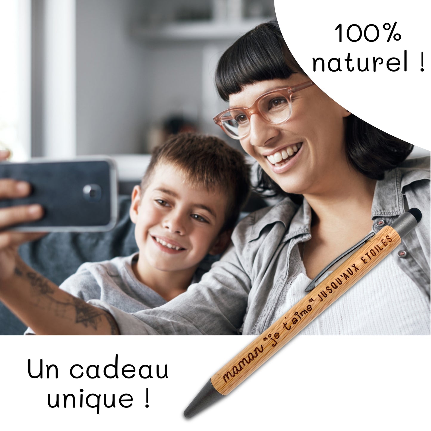 STYLO BAMBOU AVEC EMBOUT TACTILE - MAMAN - JE T'AIME JUSQU'AUX ETOILES