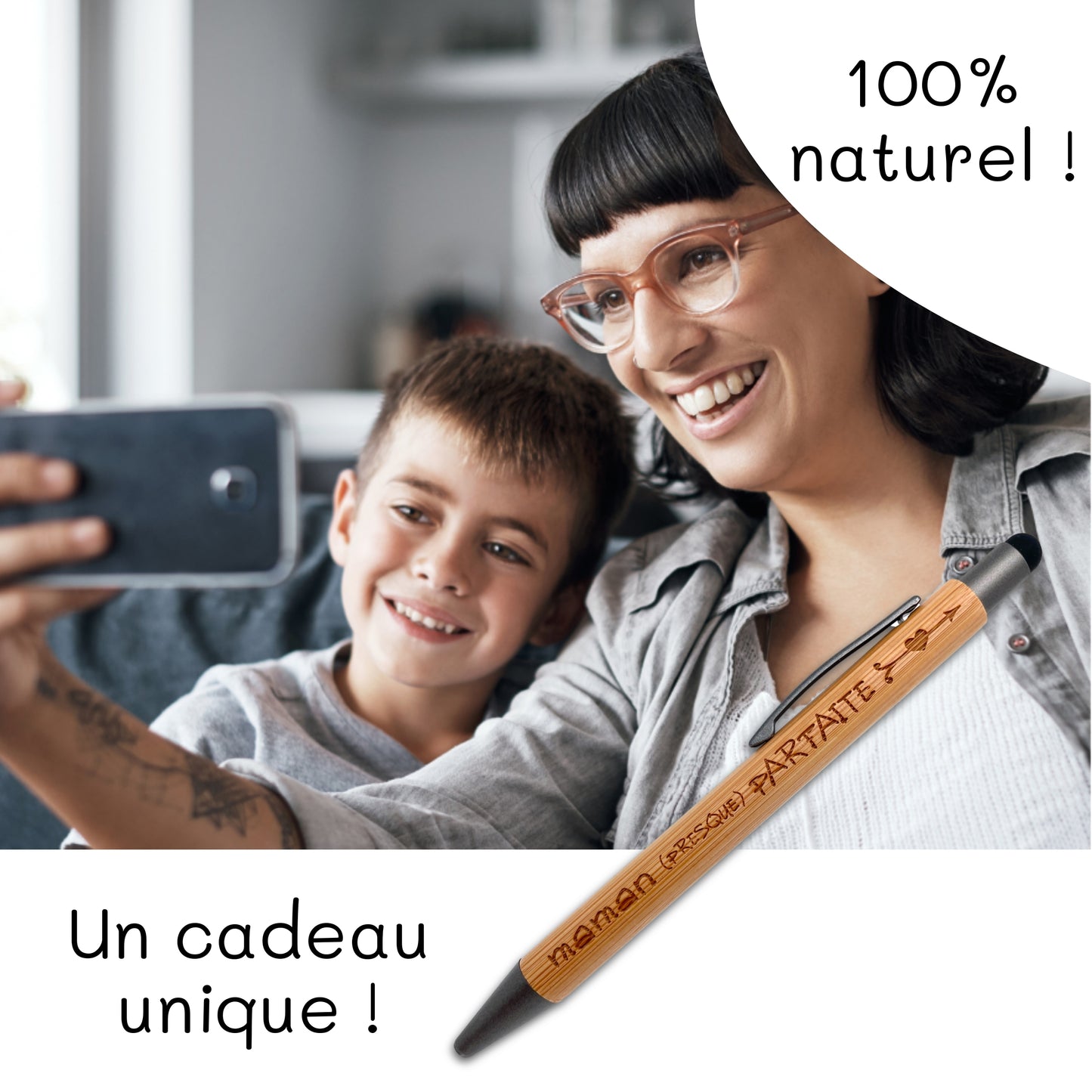 STYLO BAMBOU AVEC EMBOUT TACTILE - MAMAN - PRESQUE PARFAITE