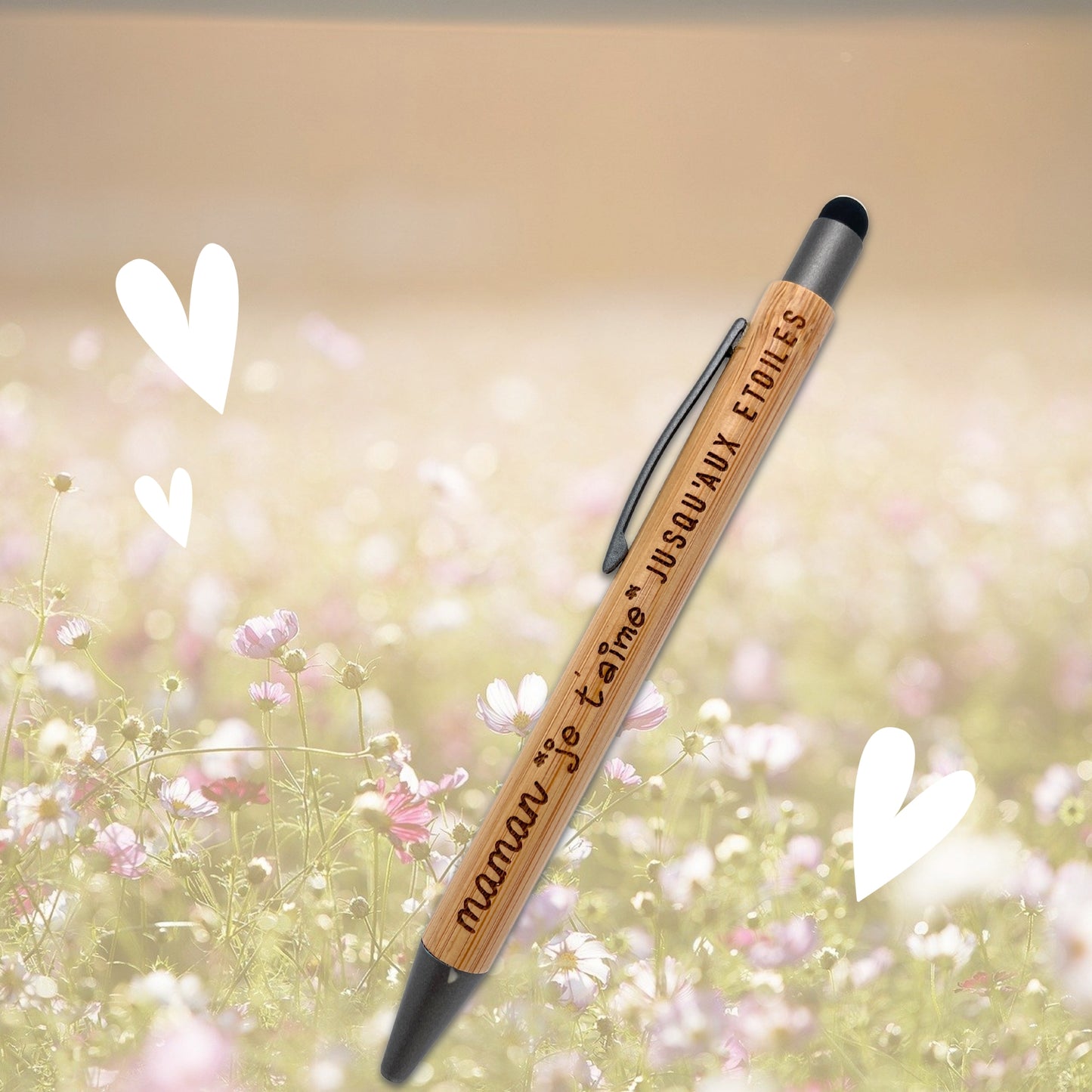 STYLO BAMBOU AVEC EMBOUT TACTILE - MAMAN - JE T'AIME JUSQU'AUX ETOILES