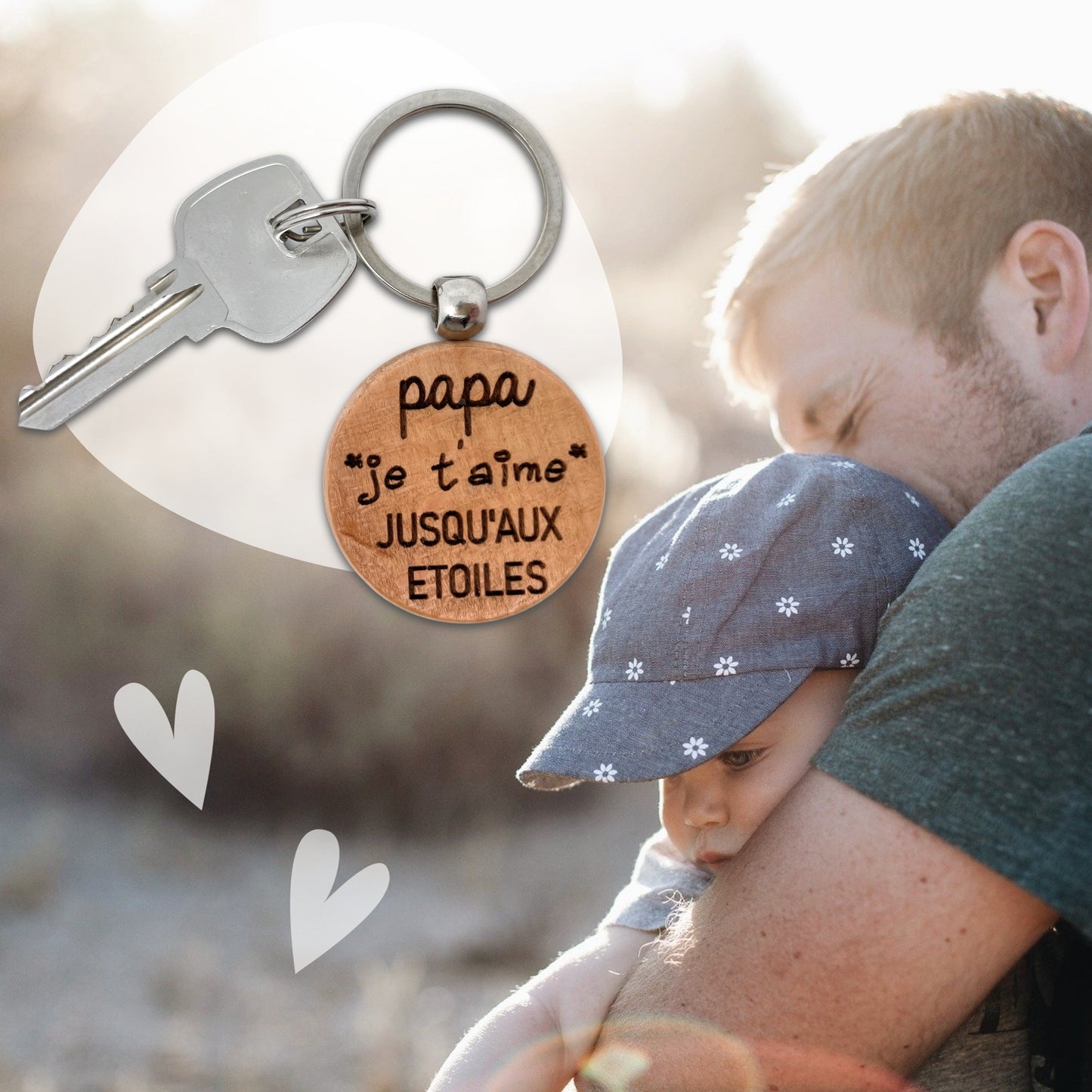 PORTE-CLEFS ROND EN BOIS - PAPA - JE T'AIME JUSQU’AUX ETOILES