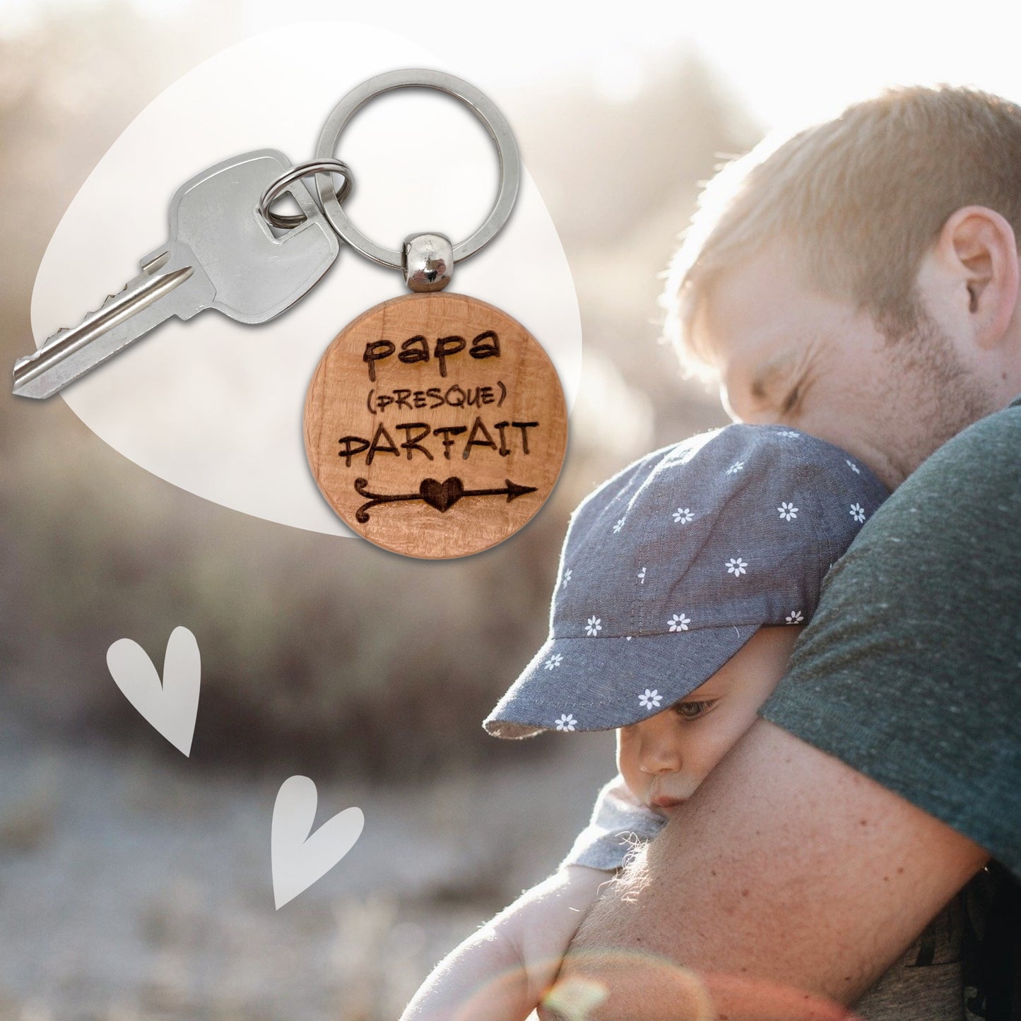 PORTE-CLEFS ROND EN BOIS - PAPA - PRESQUE PARFAIT