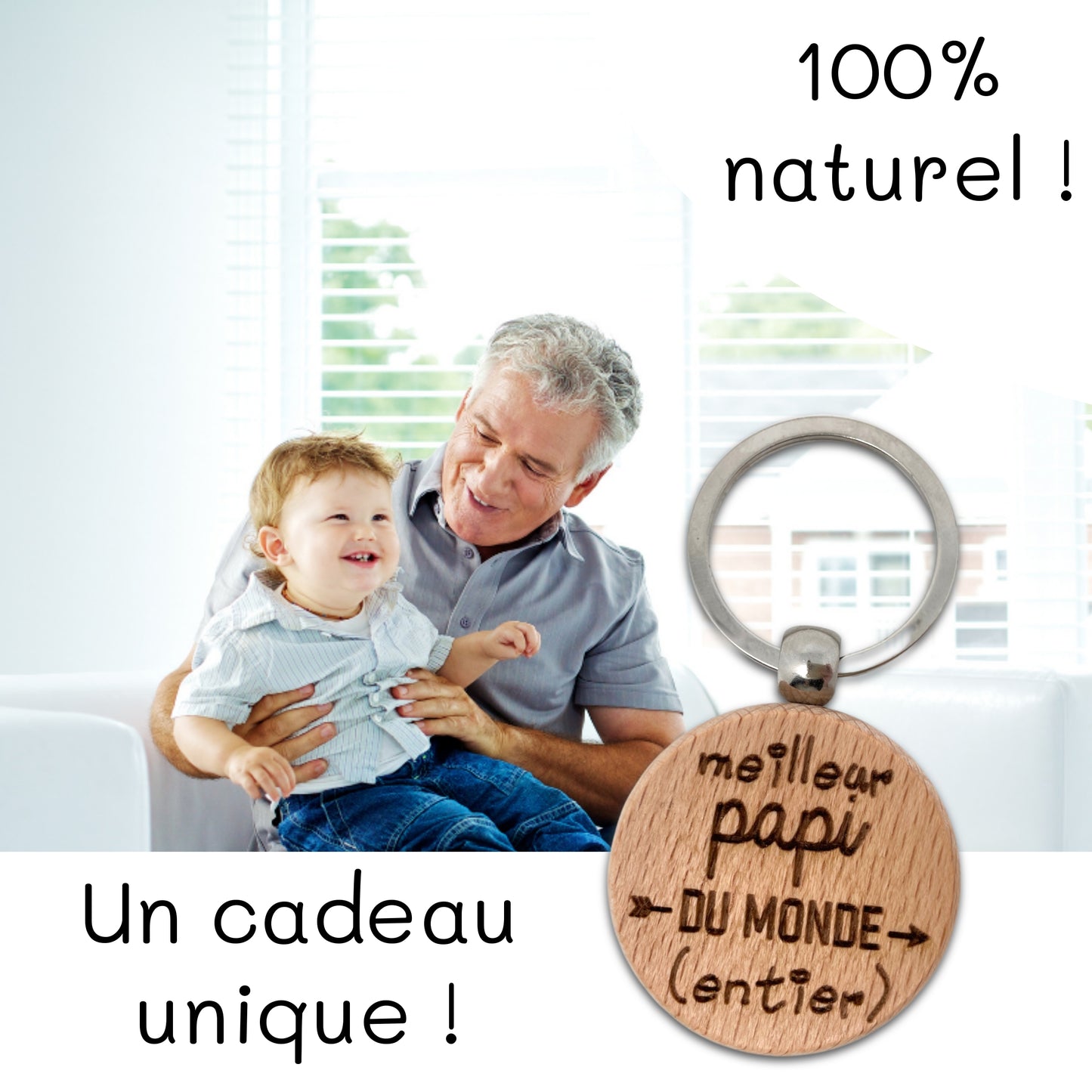 PORTE-CLEFS ROND EN BOIS - PAPI - MEILLEUR DU MONDE ENTIER