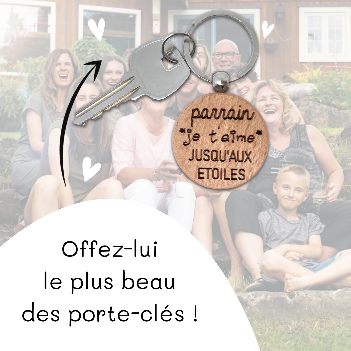 PORTE-CLEFS ROND EN BOIS - PARRAIN - JE T'AIME JUSQU’AUX ETOILES