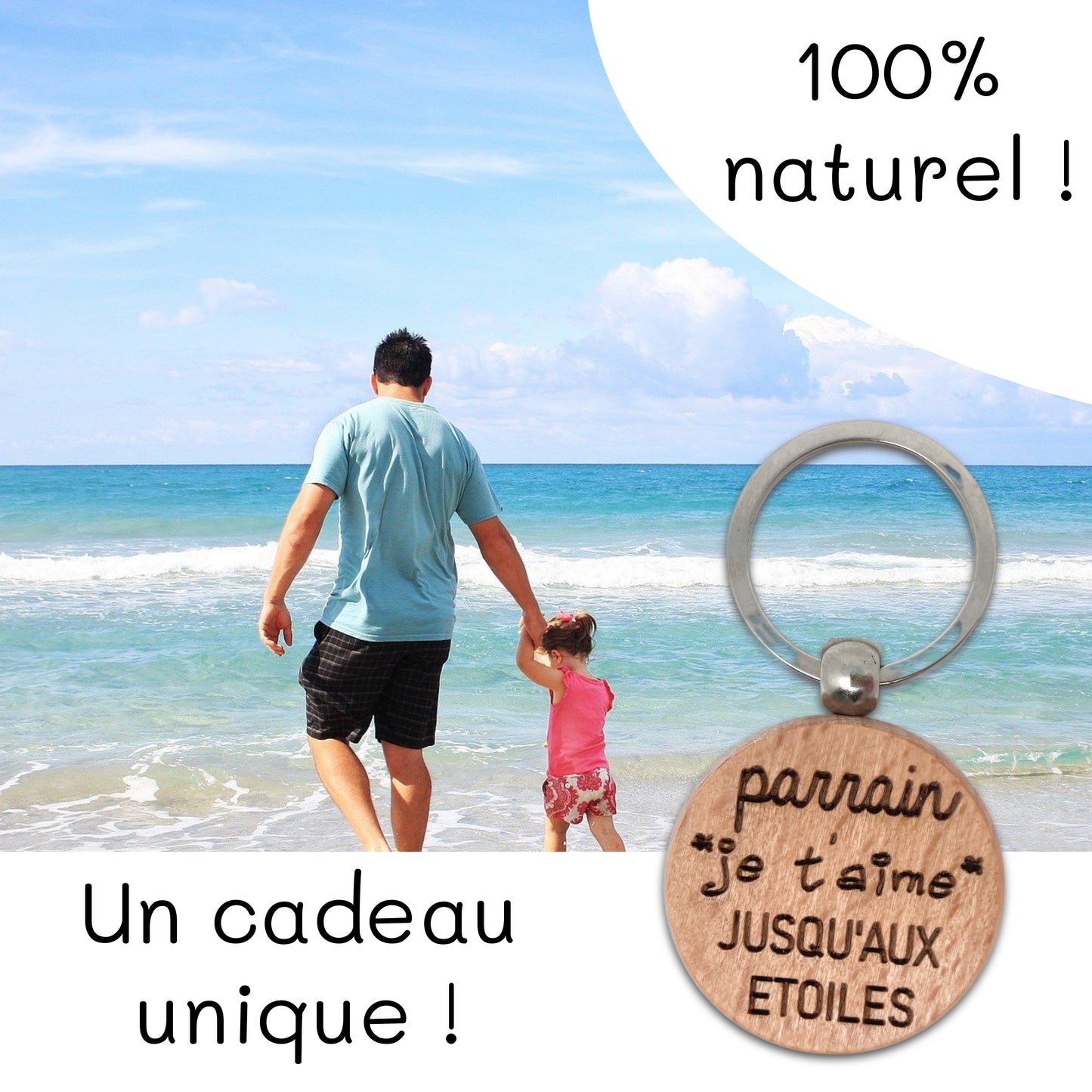 PORTE-CLEFS ROND EN BOIS - PARRAIN - JE T'AIME JUSQU’AUX ETOILES