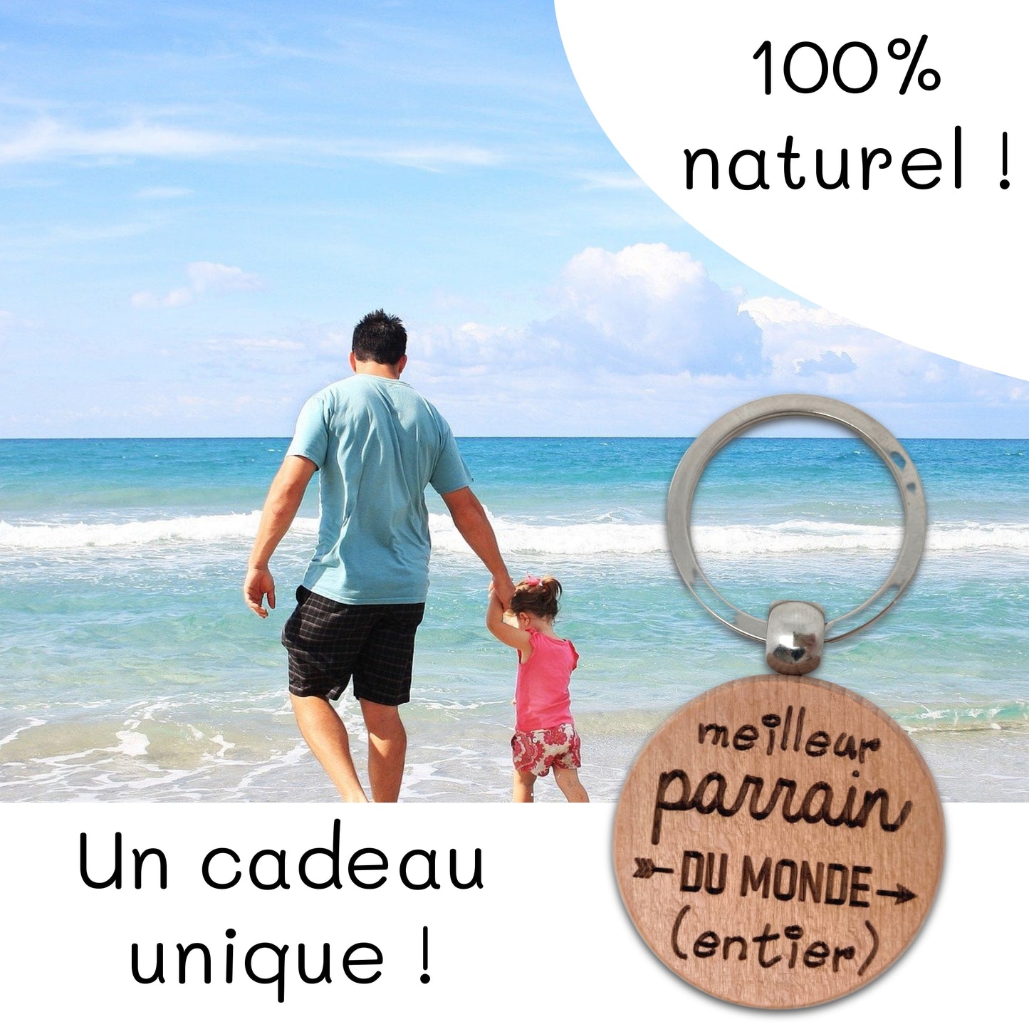 PORTE-CLEFS ROND EN BOIS - PARRAIN - MEILLEUR DU MONDE ENTIER