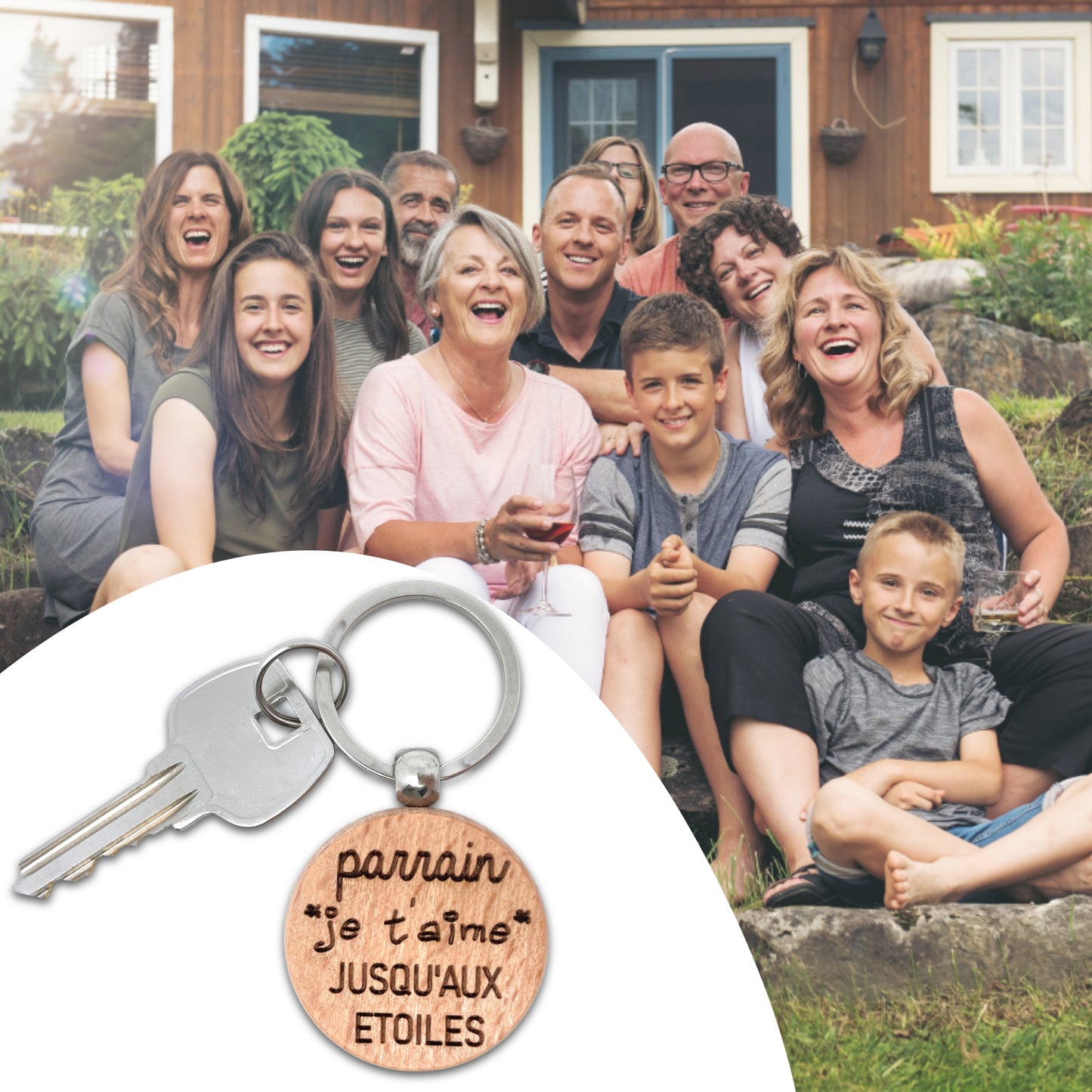 PORTE-CLEFS ROND EN BOIS - PARRAIN - JE T'AIME JUSQU’AUX ETOILES
