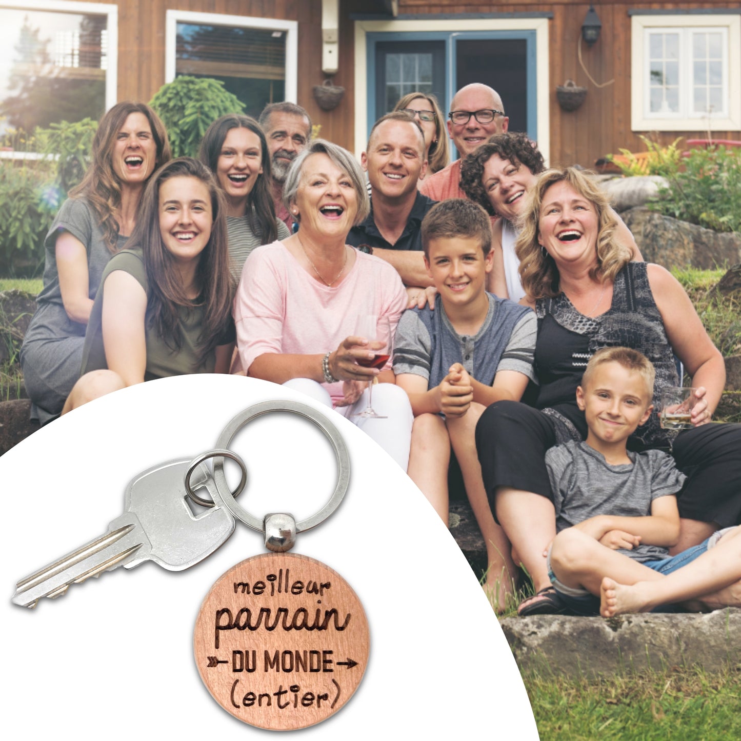 PORTE-CLEFS ROND EN BOIS - PARRAIN - MEILLEUR DU MONDE ENTIER