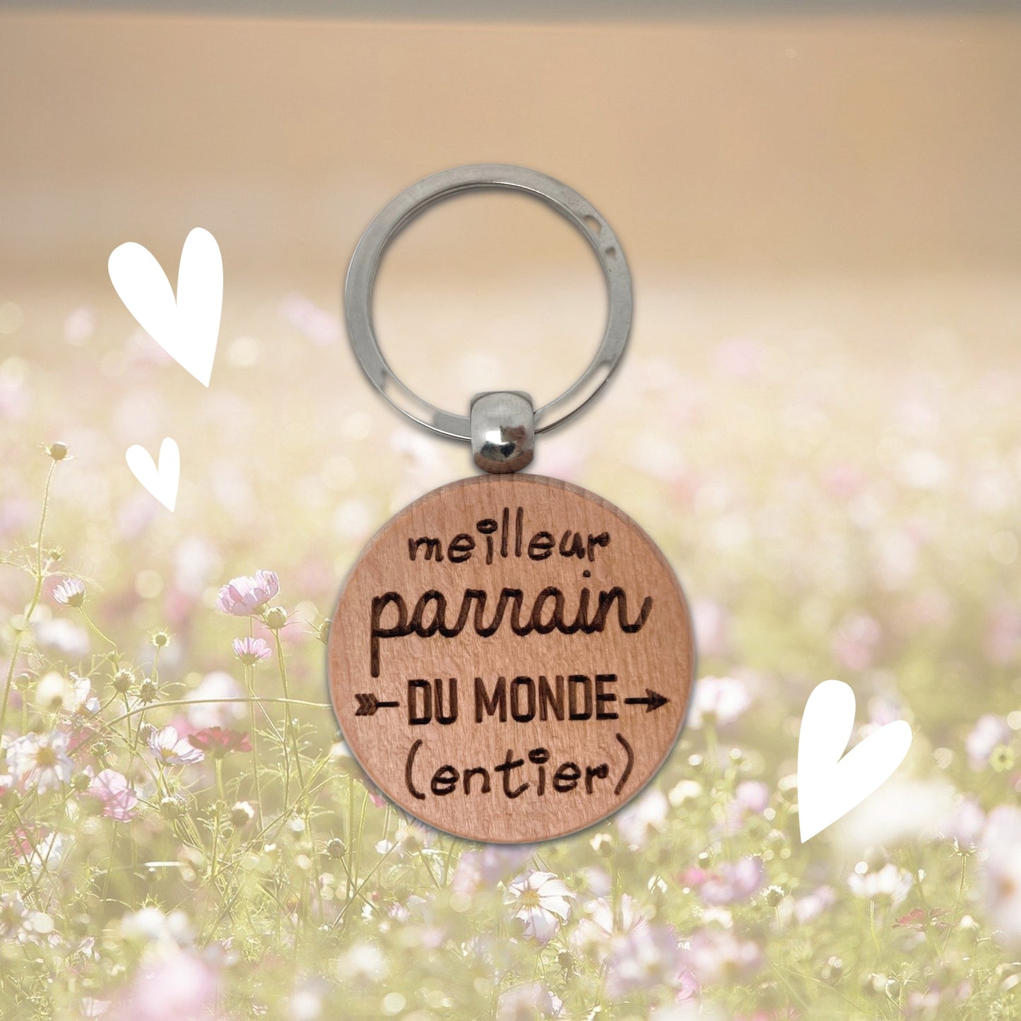 PORTE-CLEFS ROND EN BOIS - PARRAIN - MEILLEUR DU MONDE ENTIER