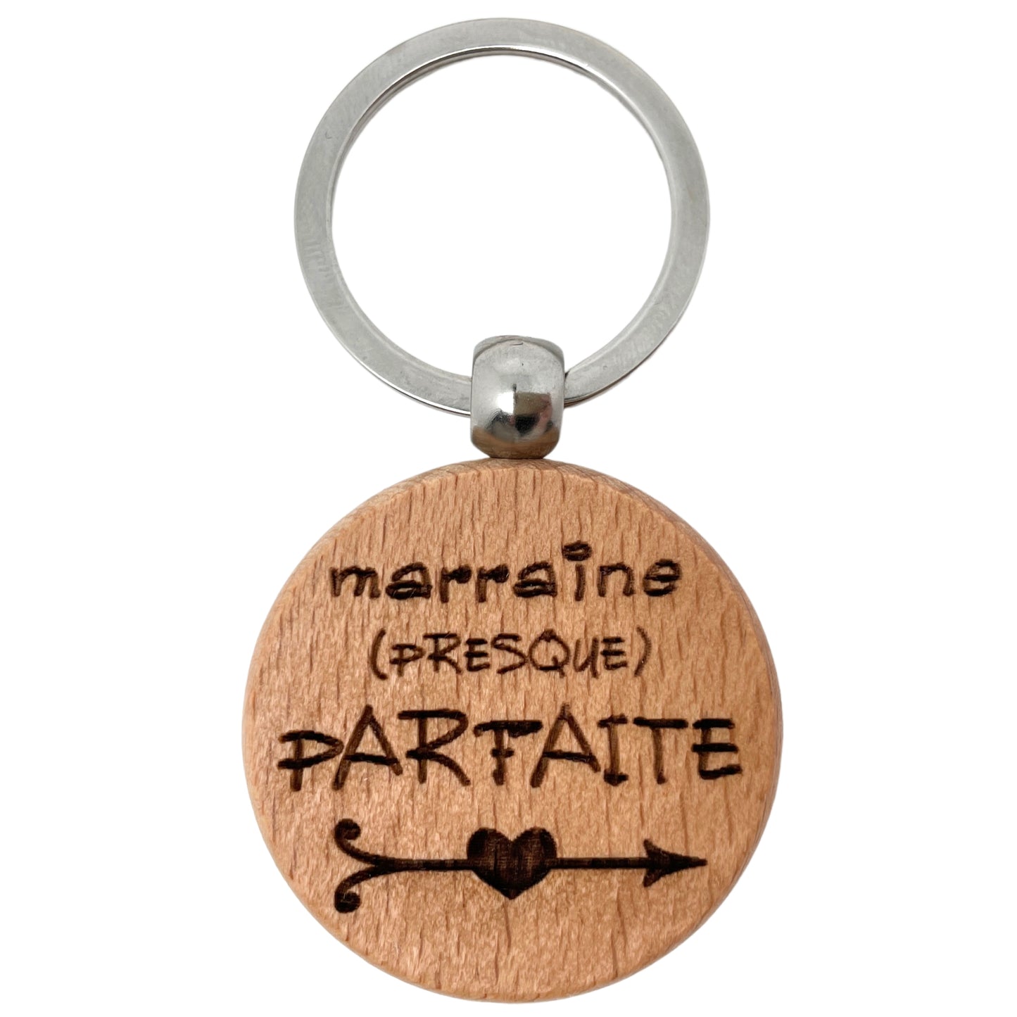 PORTE-CLEFS ROND EN BOIS - MARRAINE - PRESQUE PARFAITE