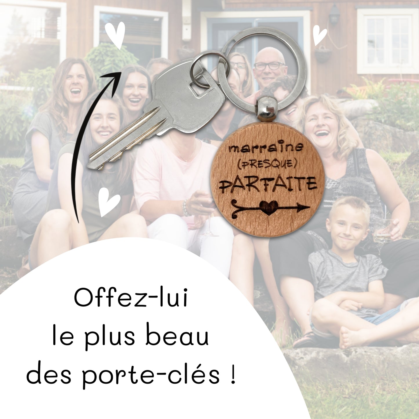 PORTE-CLEFS ROND EN BOIS - MARRAINE - PRESQUE PARFAITE