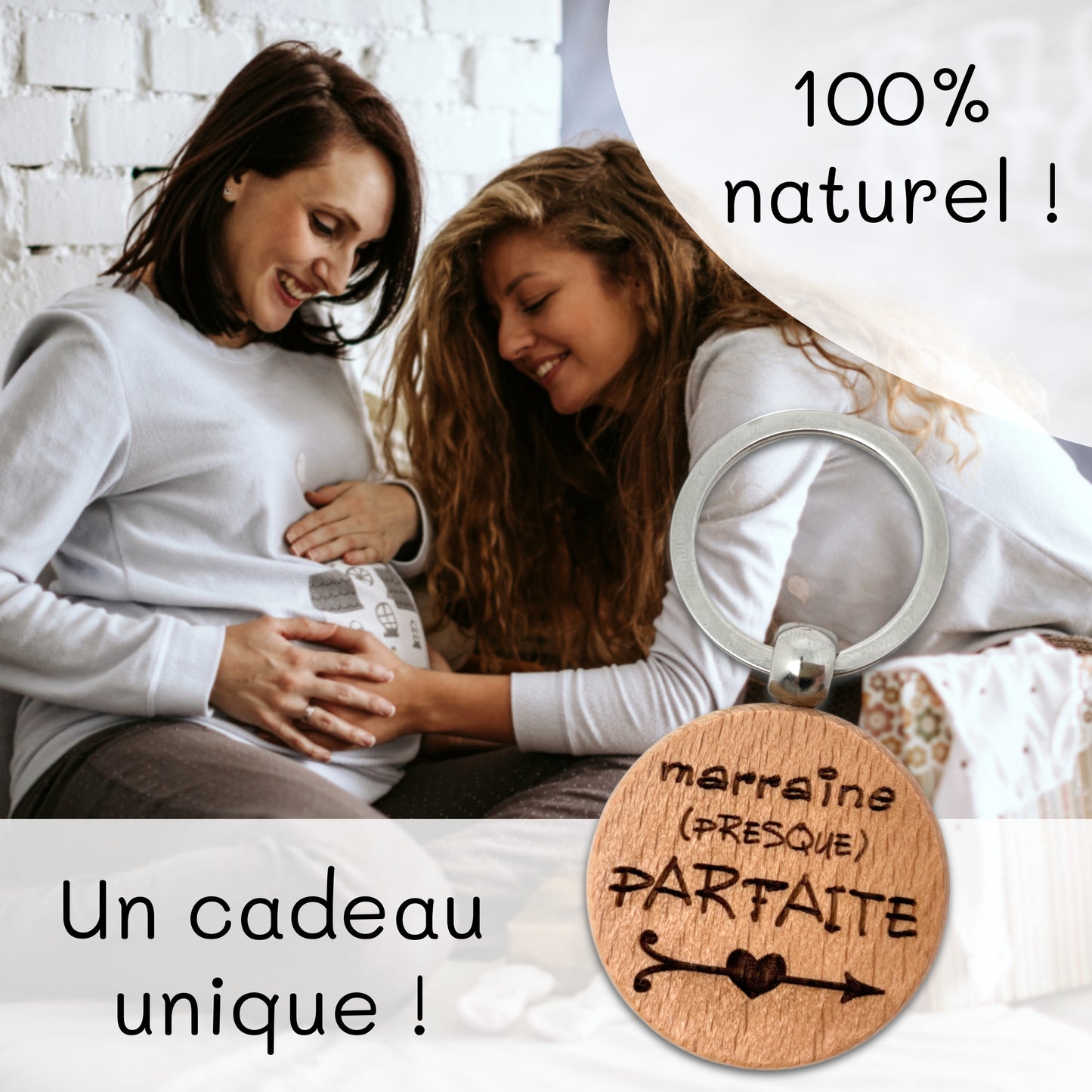 PORTE-CLEFS ROND EN BOIS - MARRAINE - PRESQUE PARFAITE