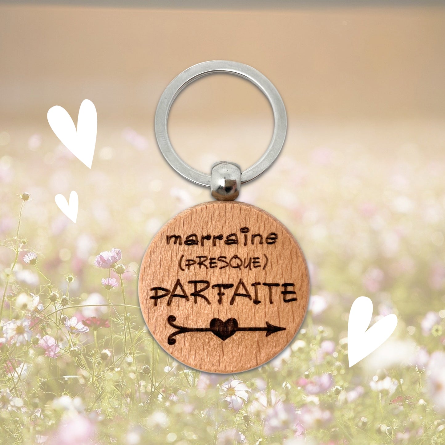 PORTE-CLEFS ROND EN BOIS - MARRAINE - PRESQUE PARFAITE