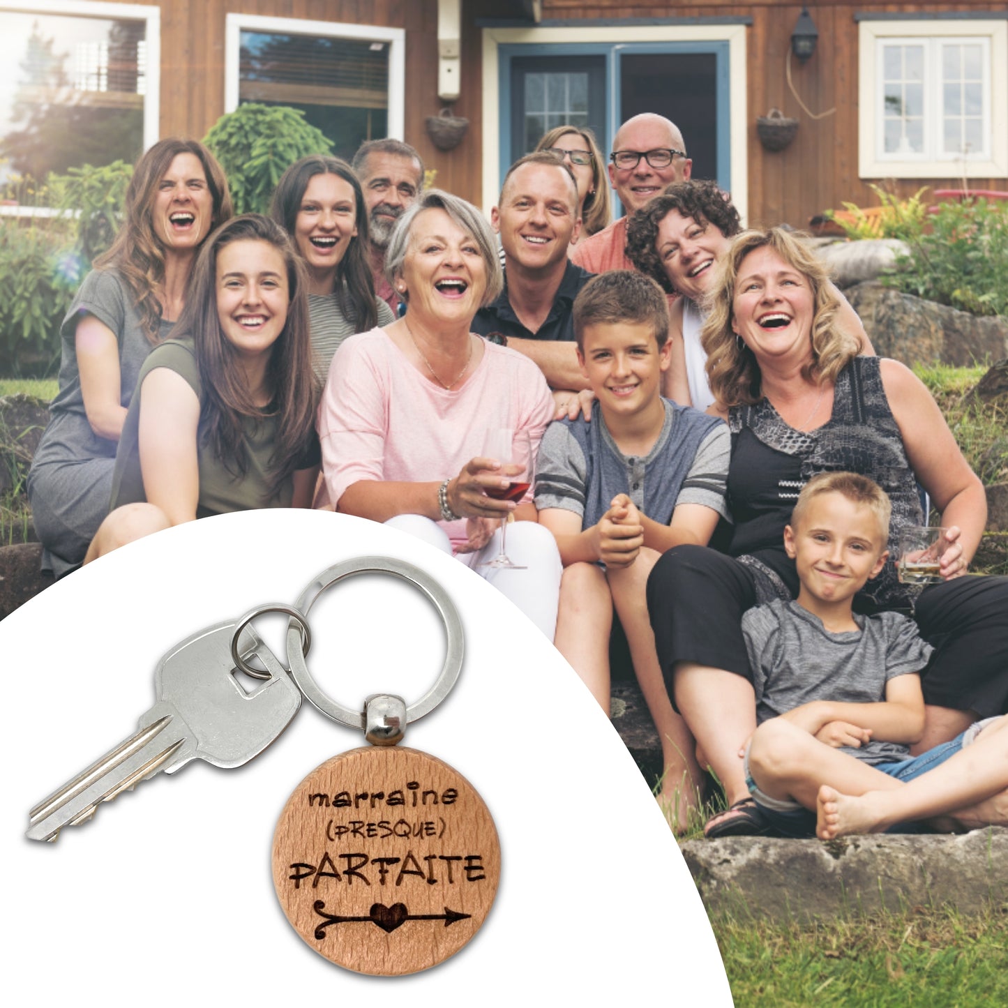 PORTE-CLEFS ROND EN BOIS - MARRAINE - PRESQUE PARFAITE