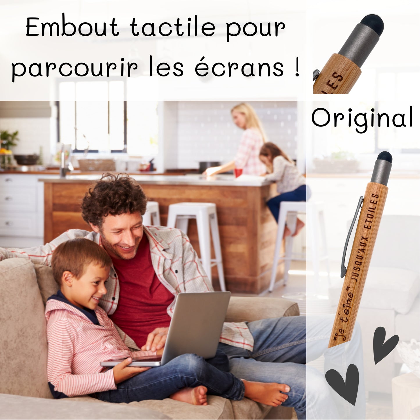 STYLO BAMBOU AVEC EMBOUT TACTILE - PAPA - JE T'AIME JUSQU'AUX ETOILES
