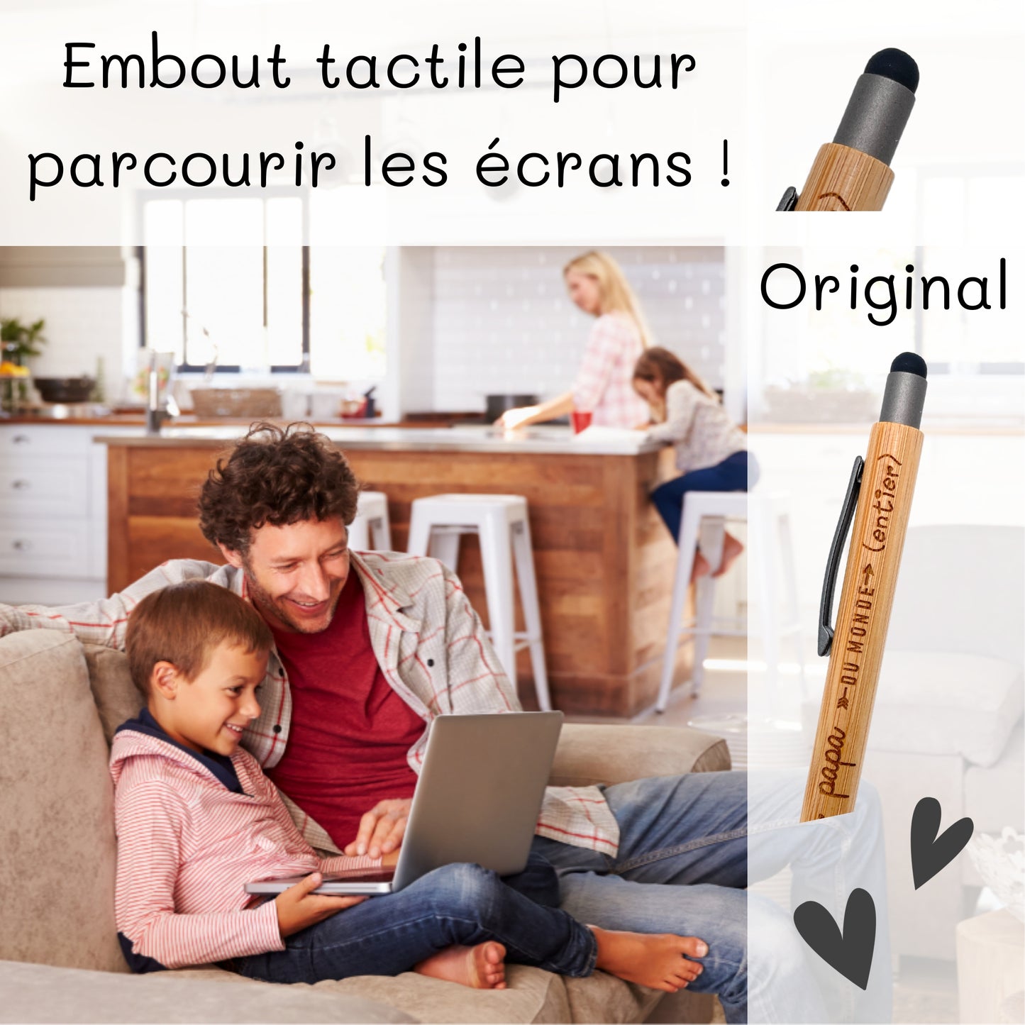 STYLO BAMBOU AVEC EMBOUT TACTILE - PAPA - MEILLEUR DU MONDE ENTIER