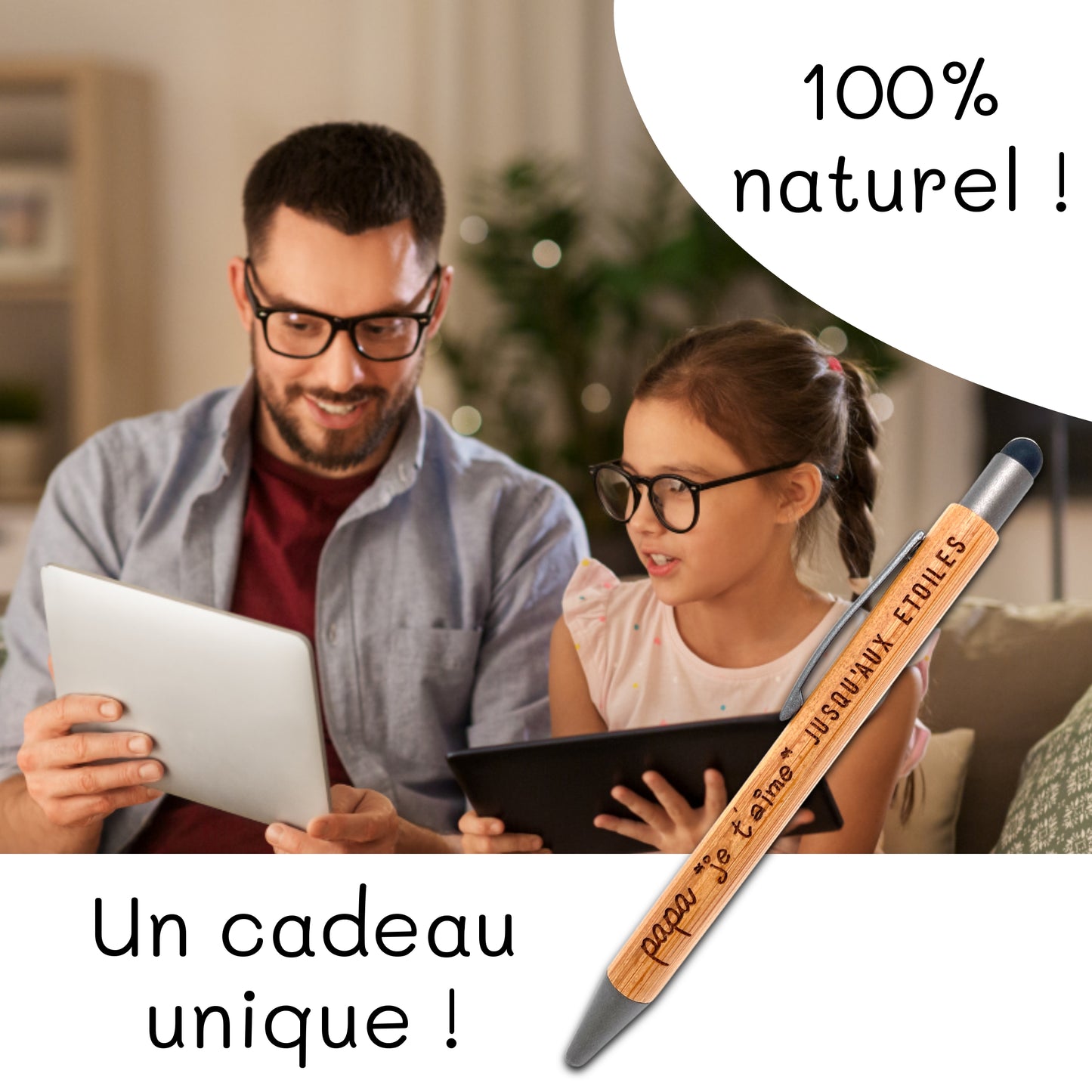 STYLO BAMBOU AVEC EMBOUT TACTILE - PAPA - JE T'AIME JUSQU'AUX ETOILES