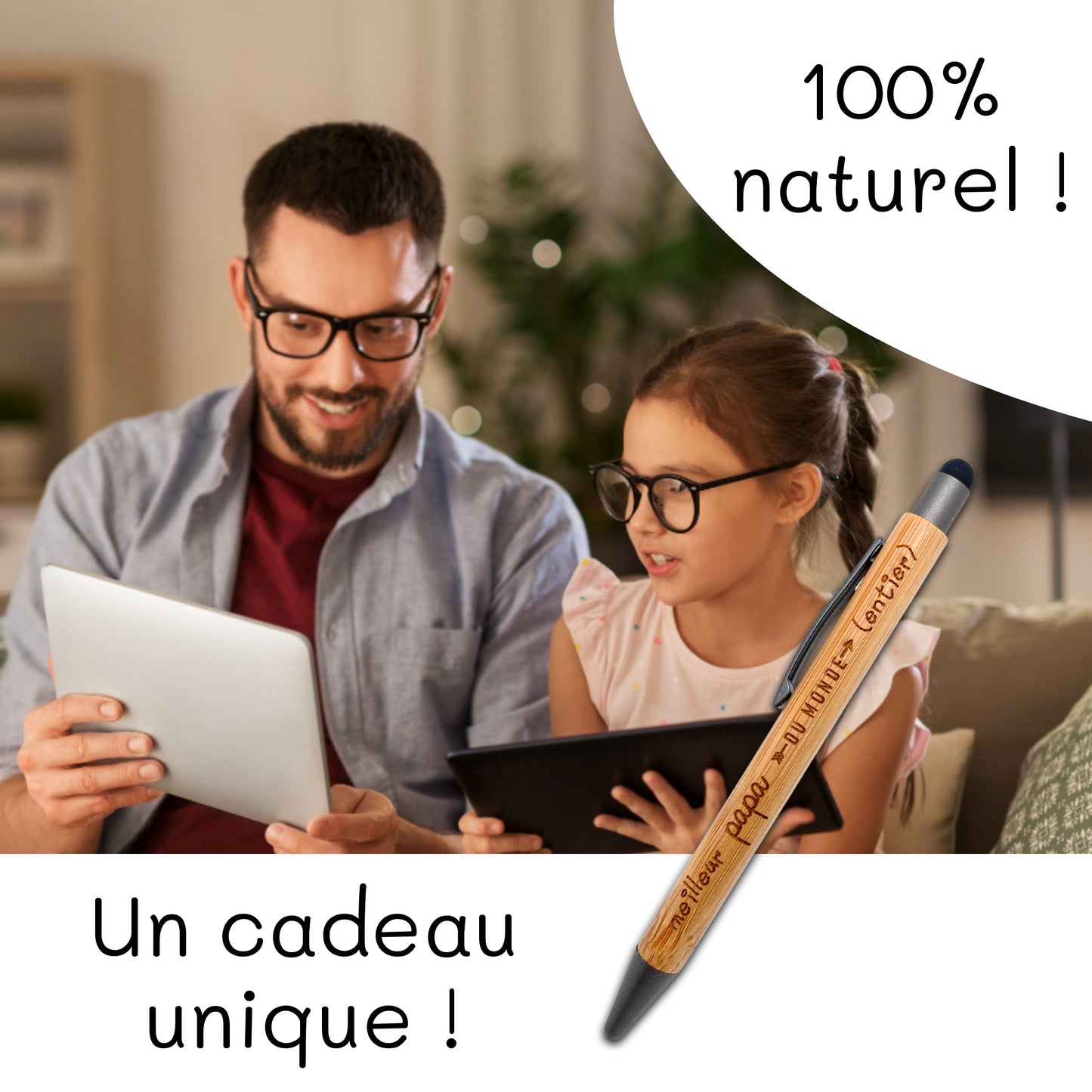 STYLO BAMBOU AVEC EMBOUT TACTILE - PAPA - MEILLEUR DU MONDE ENTIER