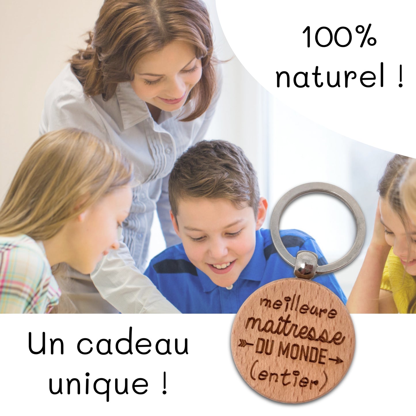 PORTE-CLEFS ROND EN BOIS - MAITRESSE - MEILLEURE DU MONDE ENTIER
