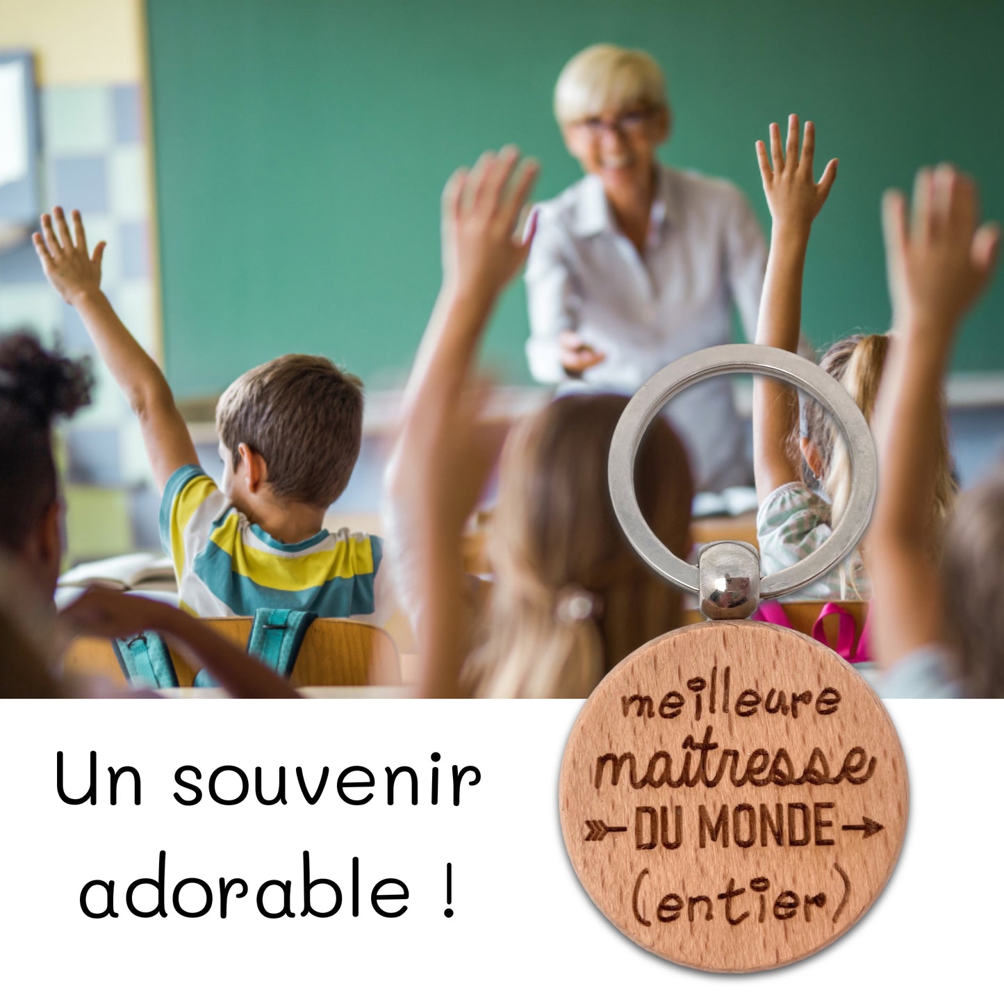 PORTE-CLEFS ROND EN BOIS - MAITRESSE - MEILLEURE DU MONDE ENTIER