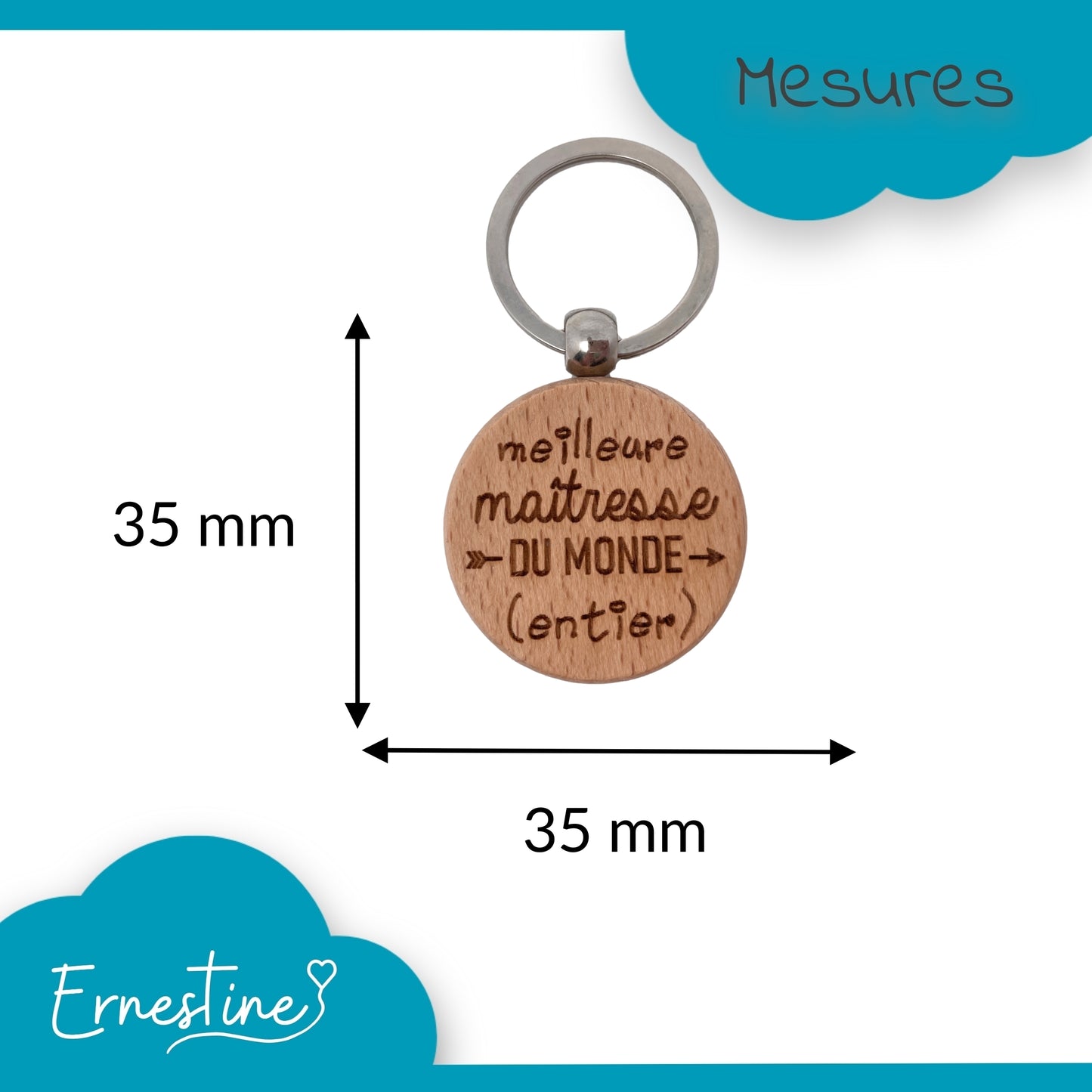 PORTE-CLEFS ROND EN BOIS - MAITRESSE - MEILLEURE DU MONDE ENTIER