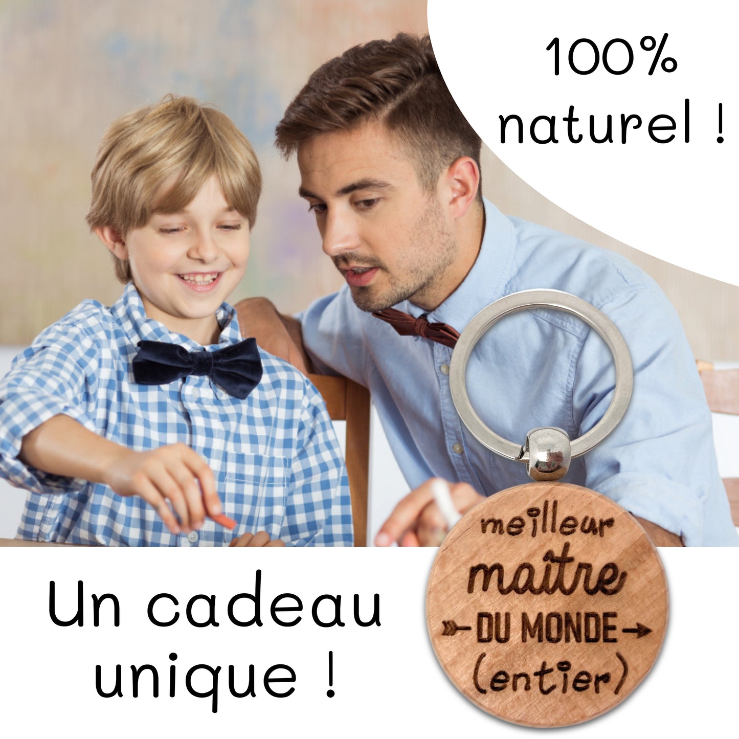 PORTE-CLEFS ROND EN BOIS - MAITRE - MEILLEUR DU MONDE ENTIER