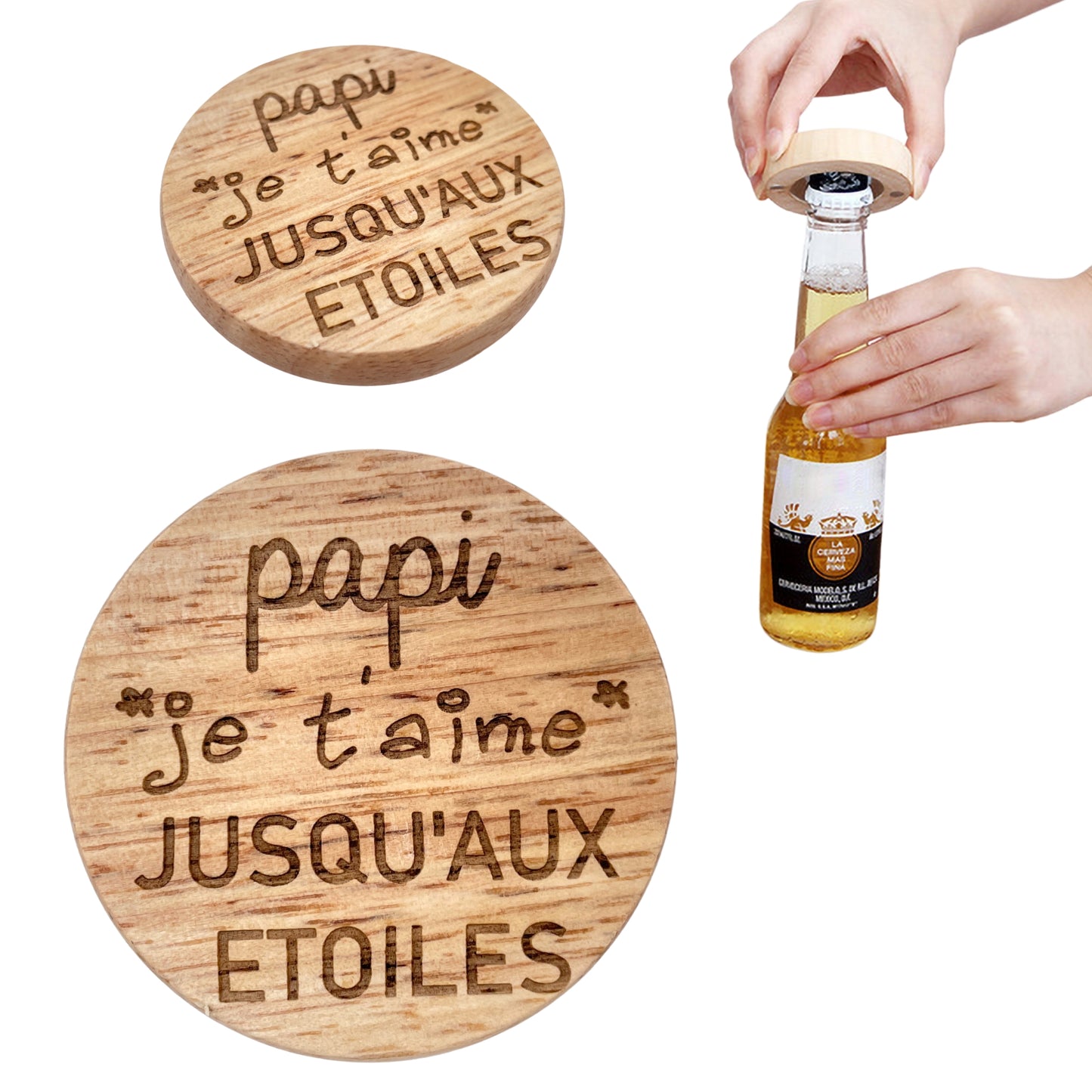 DECAPSULEUR MAGNETIQUE EN BOIS - PAPI - JE T'AIME JUSQU'AUX ETOILES