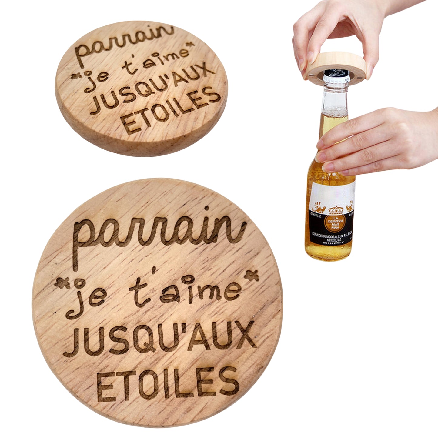 DECAPSULEUR MAGNETIQUE EN BOIS - PARRAIN - JE T'AIME JUSQU'AUX ETOILES
