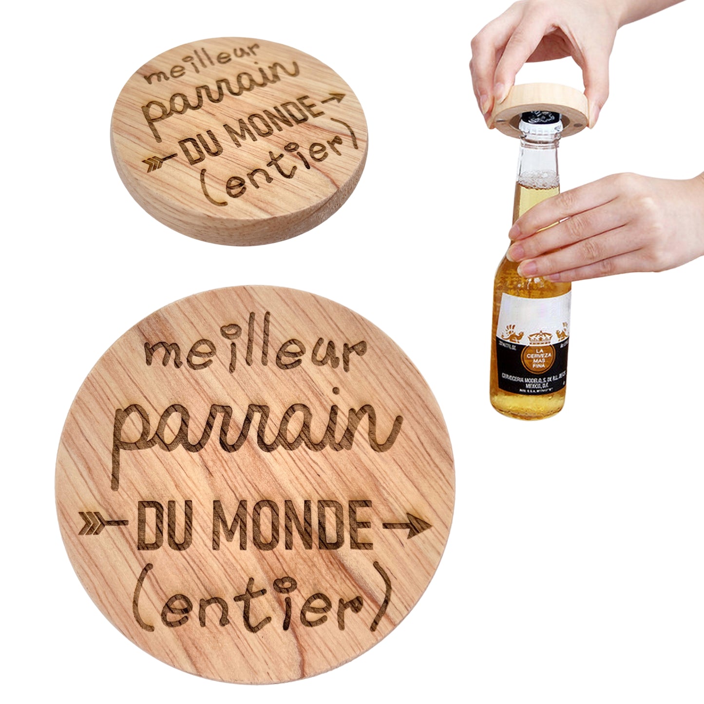 DECAPSULEUR MAGNETIQUE EN BOIS - PARRAIN - MEILLEUR DU MONDE ENTIER