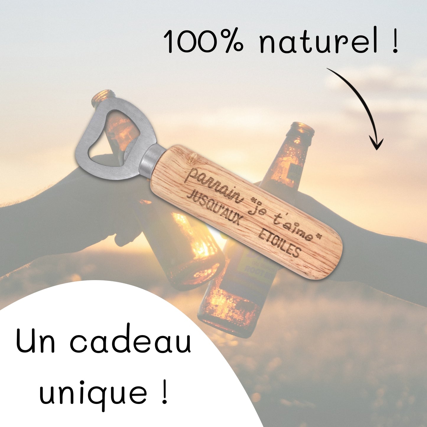 DECAPSULEUR MANCHE BOIS - PARRAIN - JE T'AIME JUSQU'AUX ETOILES